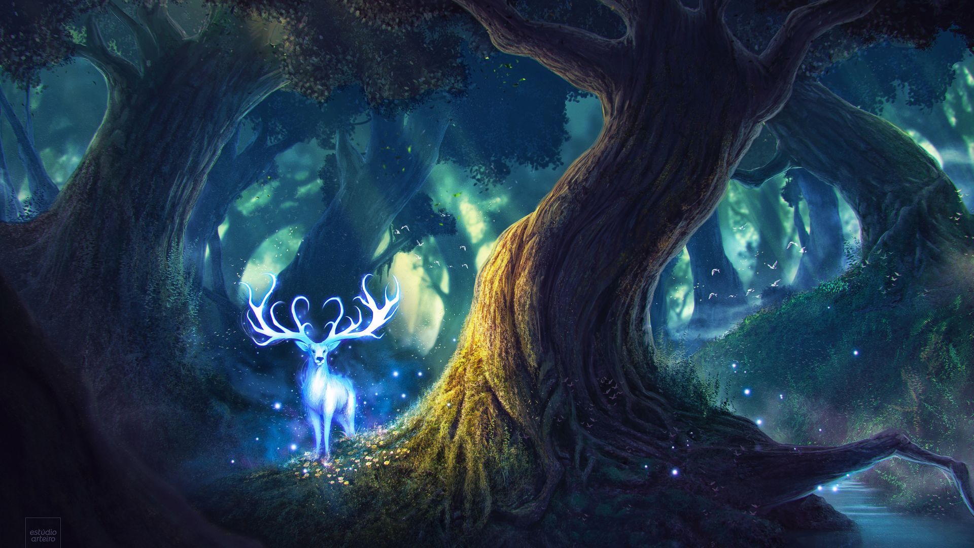 Wallpaper Deer, fantasy, forest, tree, night