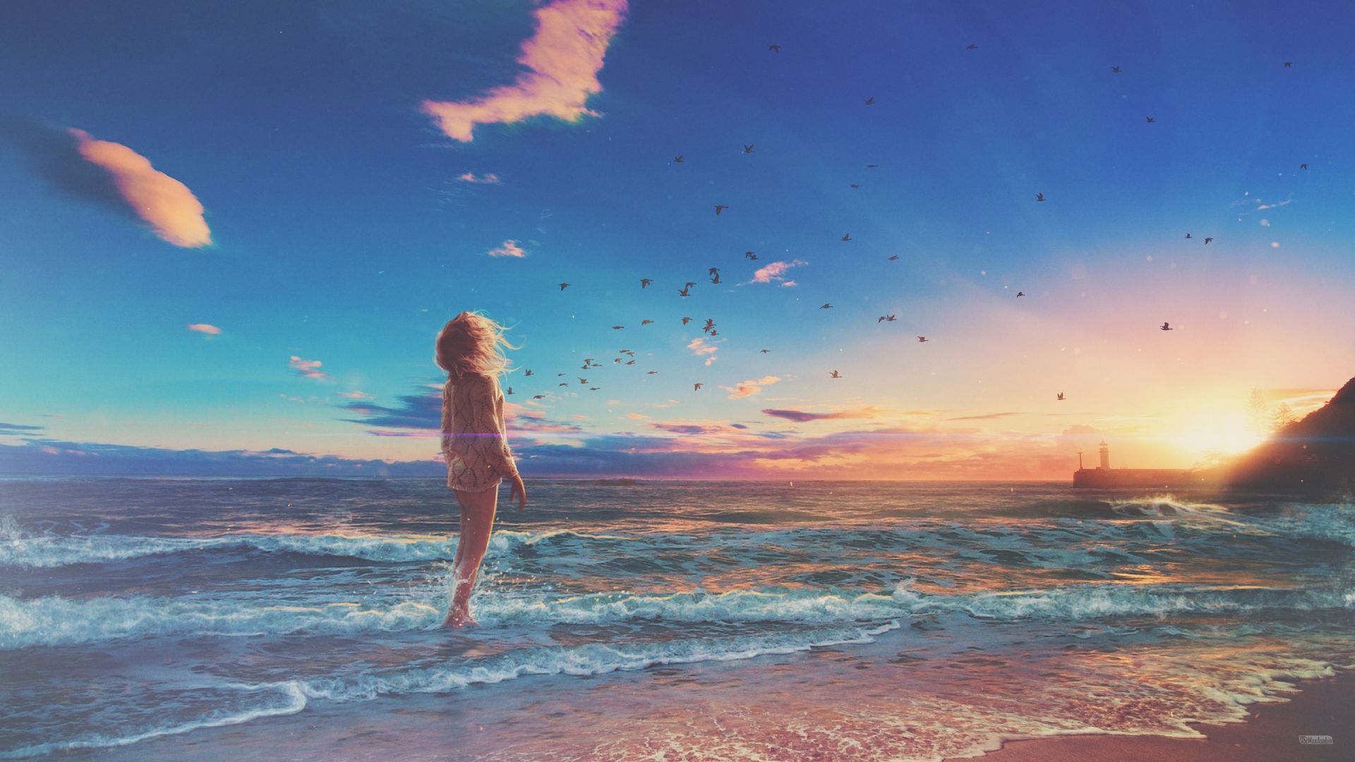Desktop Wallpaper Girl At Beach, Sunset, Anime, Hd Image, Picture