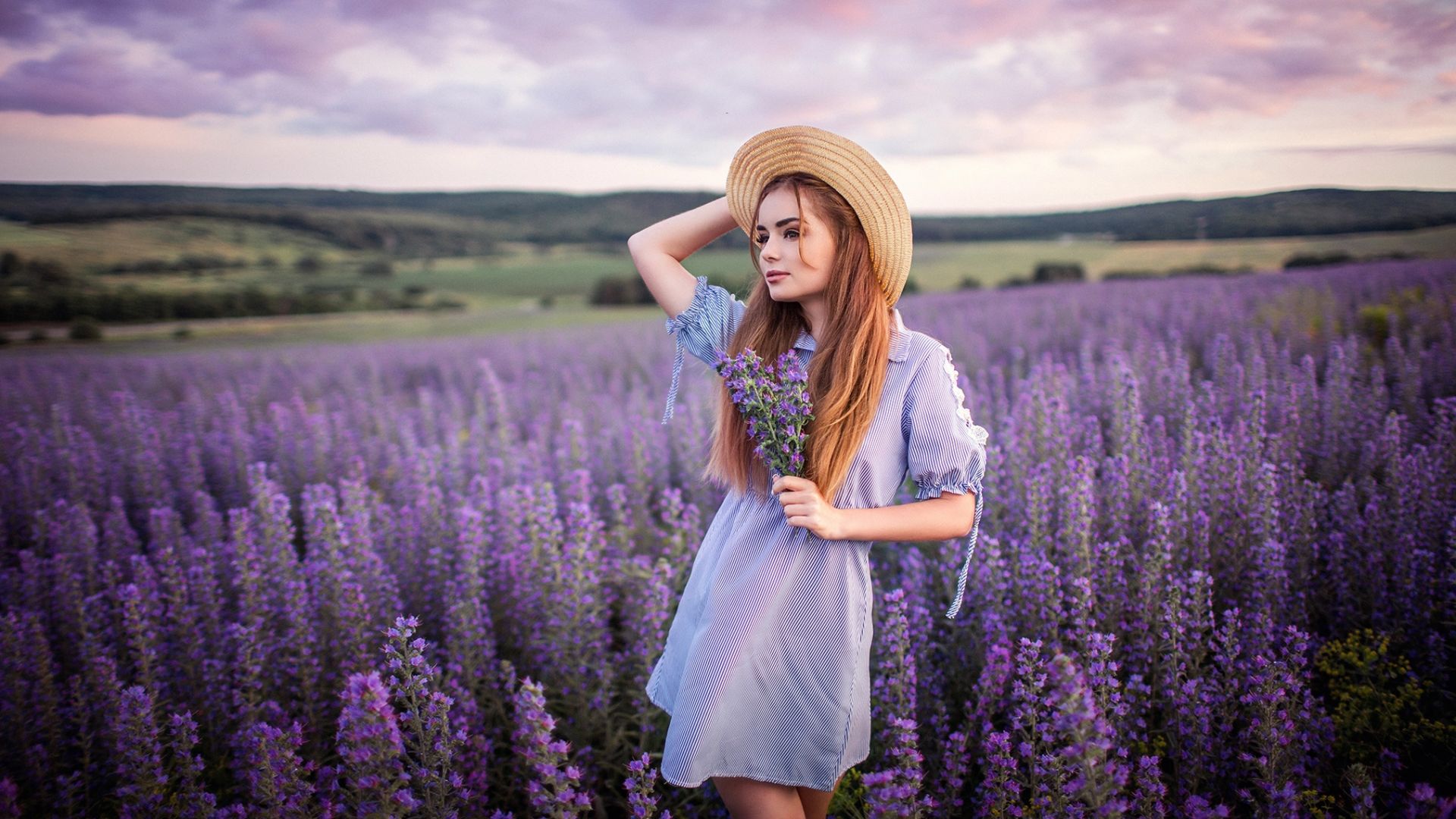 Wallpaper Outdoor, flower farm, blonde, girl model