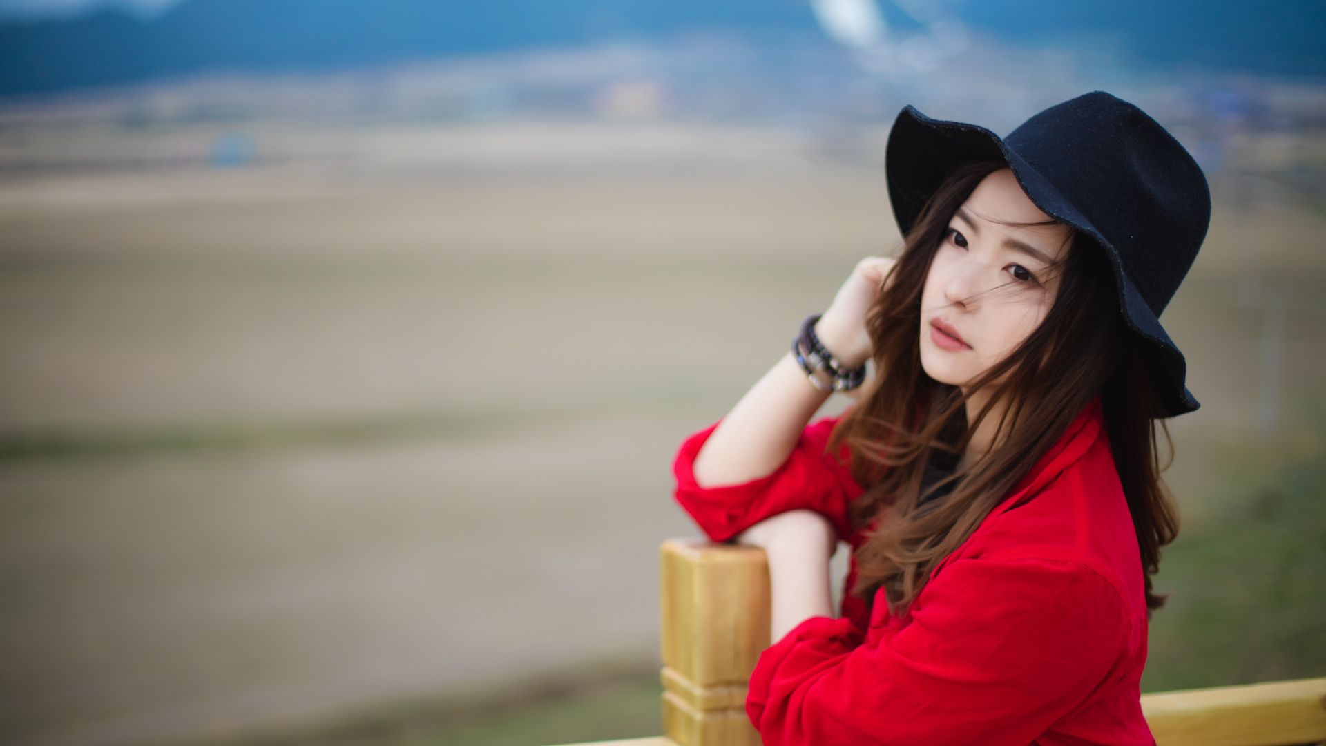 Wallpaper Cute Asian model, fence, hat