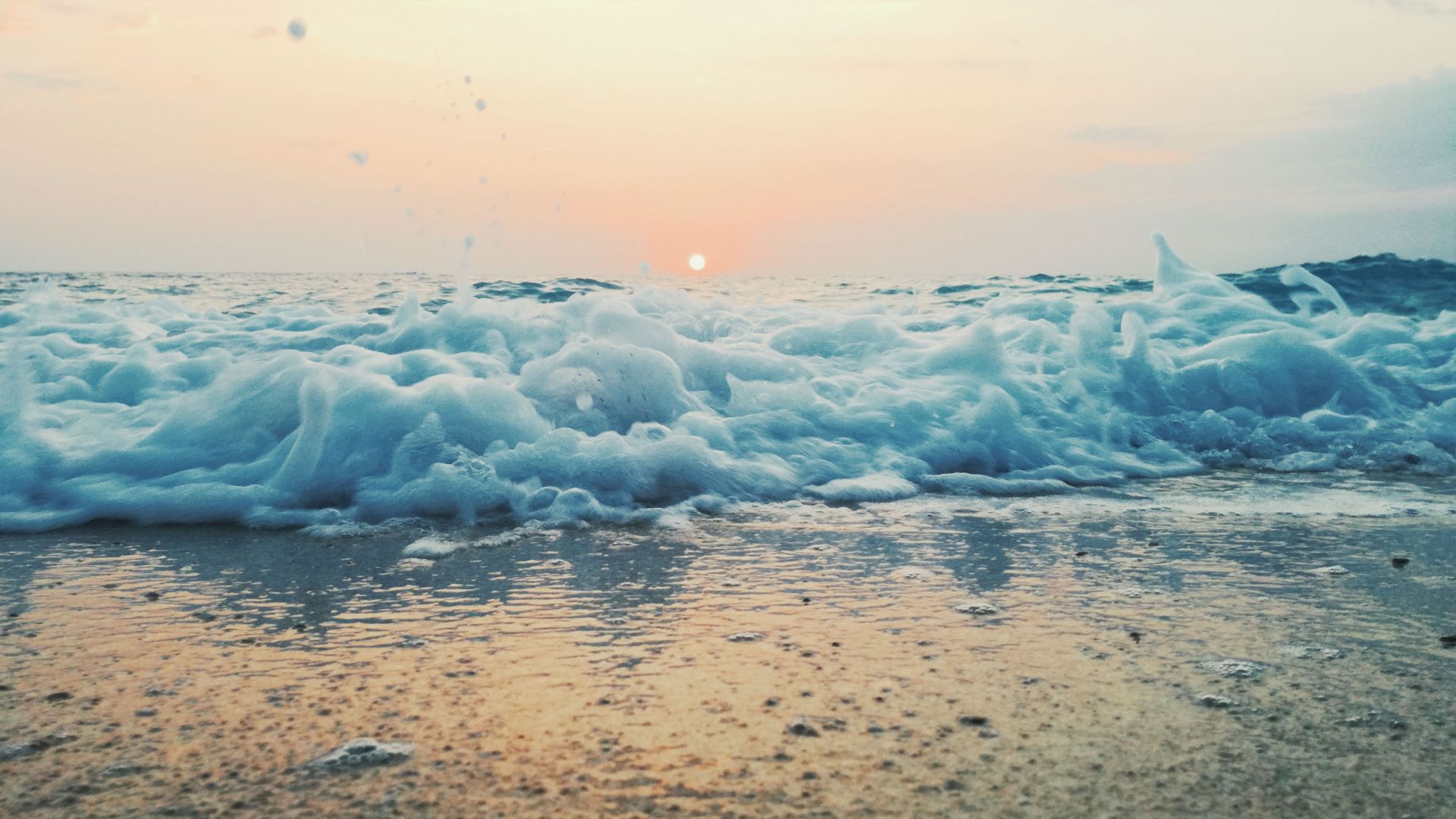 Wallpaper Foam, sea waves, close up, sunset