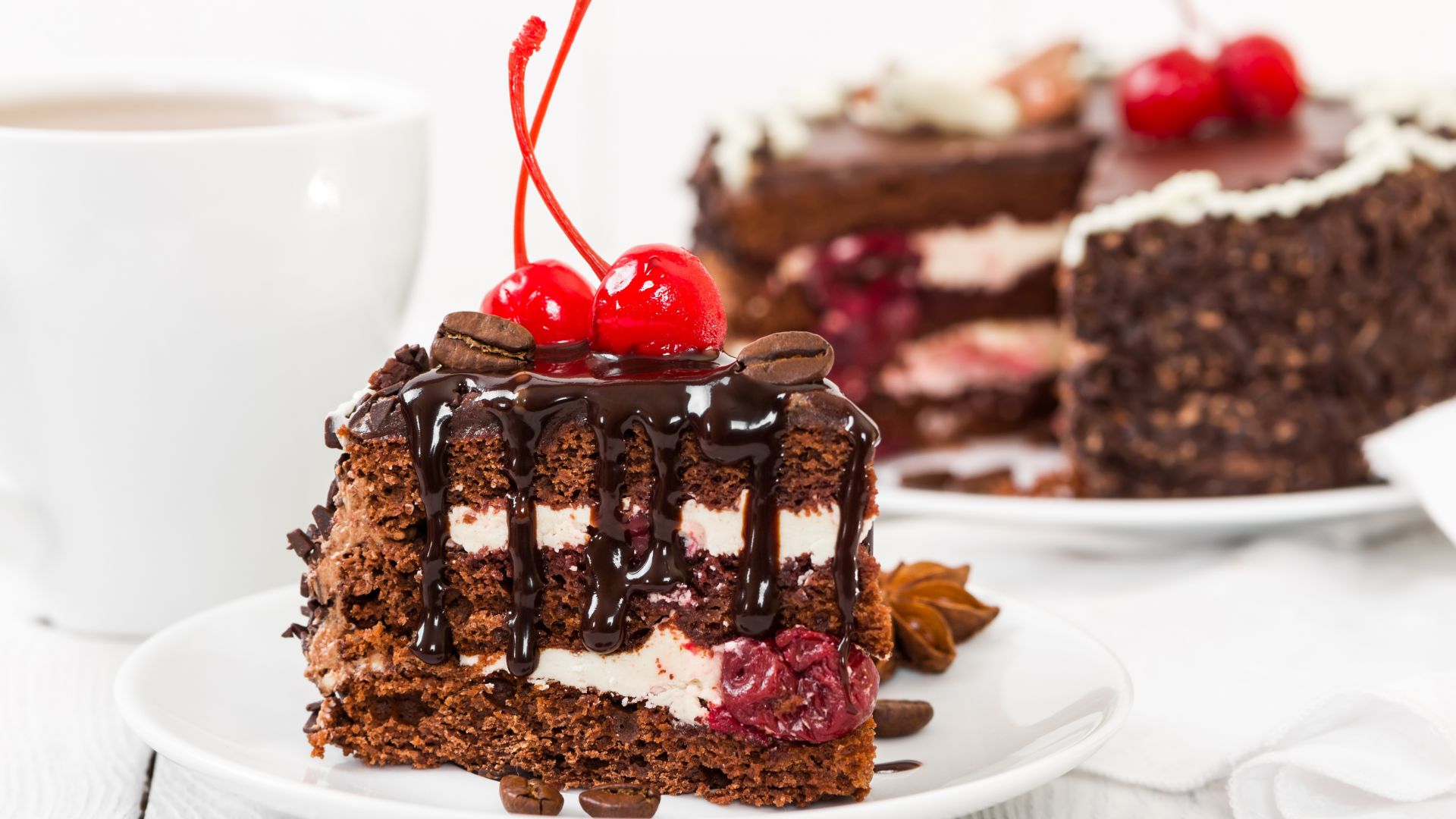 Wallpaper Cake, slice, food, cherry, dessert, 4k