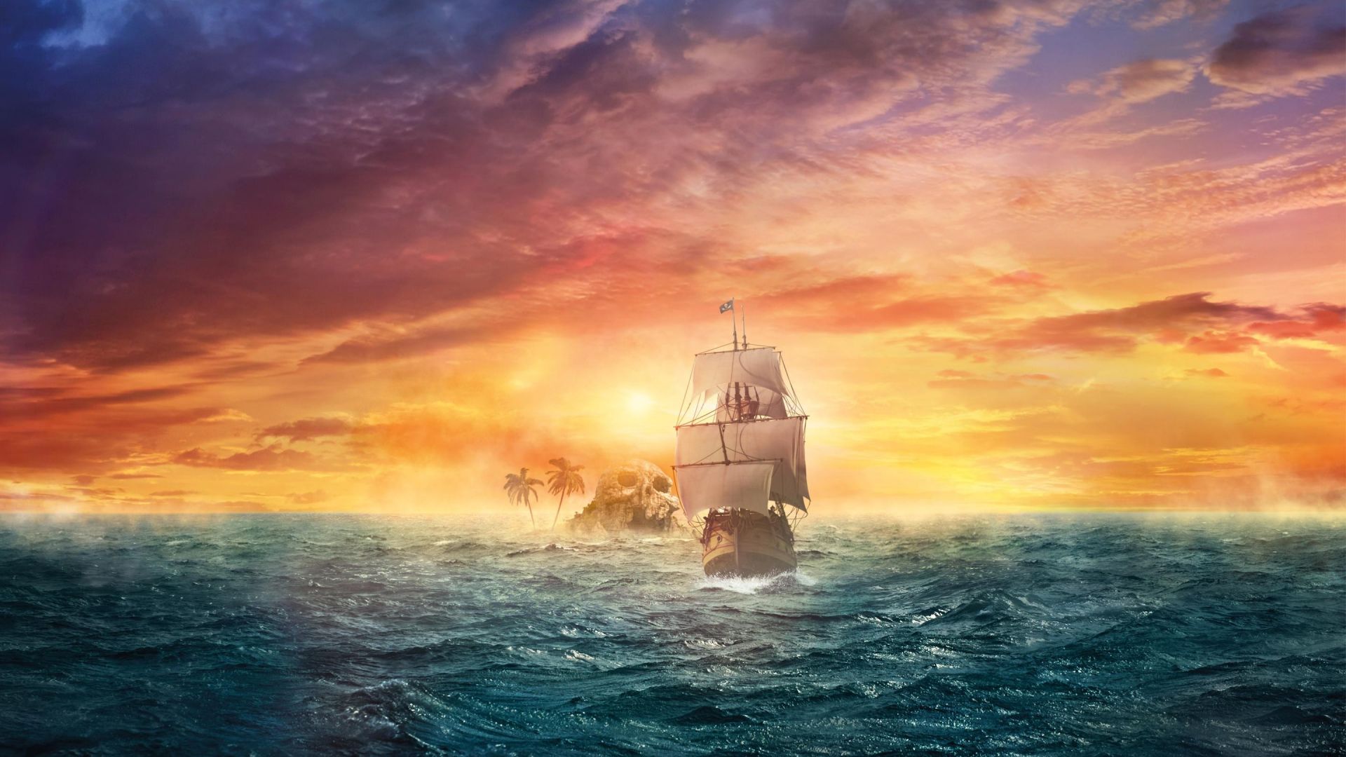 Wallpaper Pirate ship, sea, sunset, skull land