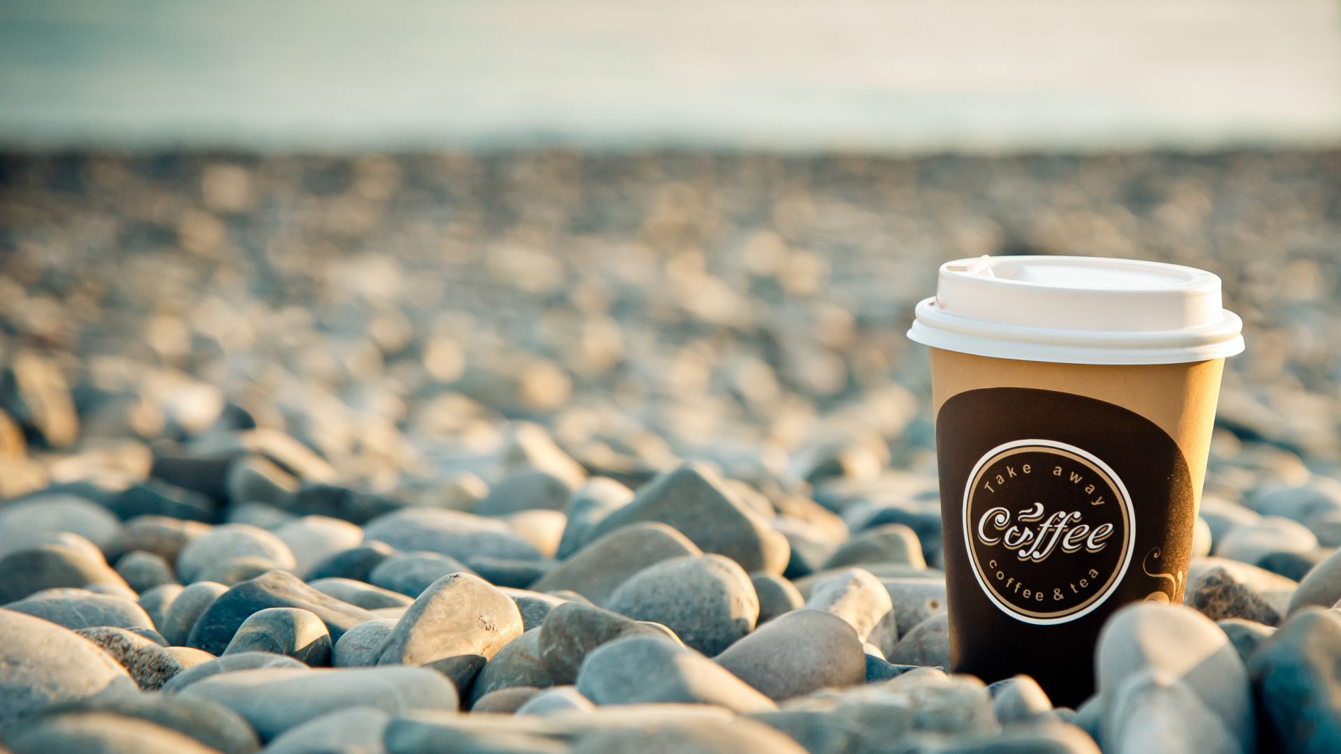 Wallpaper Coffee, rocks, beach, morning