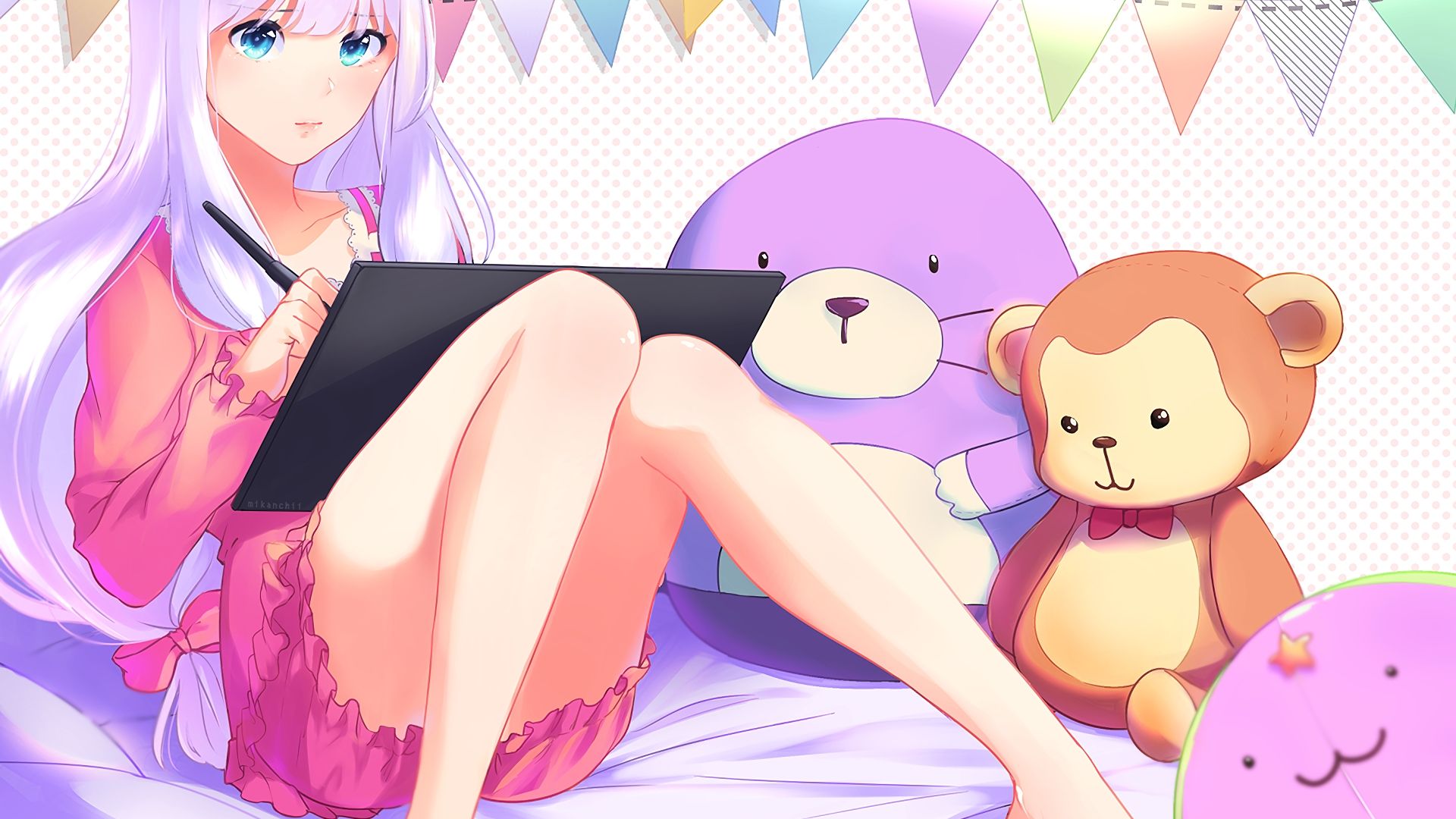 Wallpaper Sagiri Izumi, sitting on bed, with teddy bears