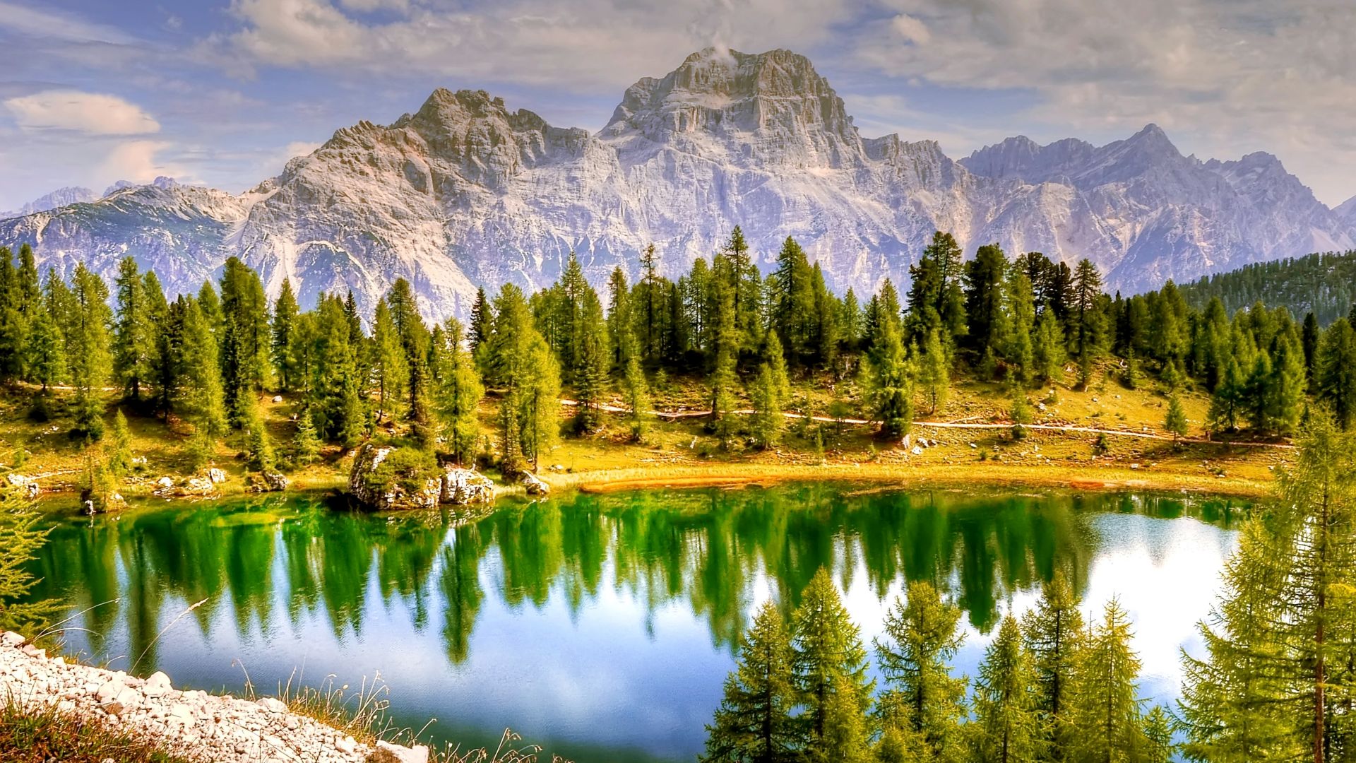 Wallpaper Dolomites, mountains, lake, reflections, tree