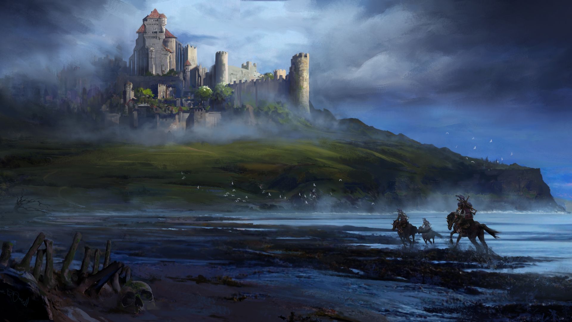 Wallpaper Running to castle, warrior, coast, fantasy art