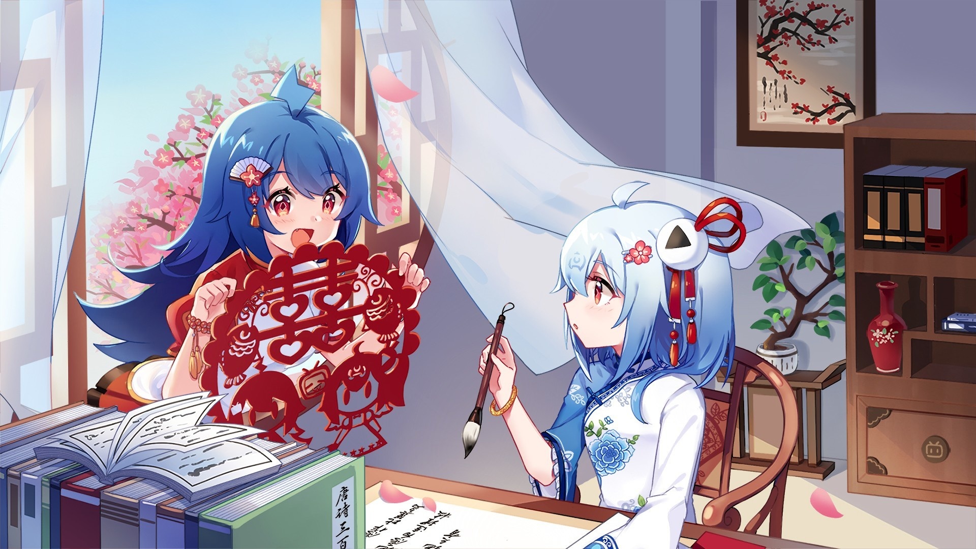 Wallpaper Traditional dress, anime girls, writing