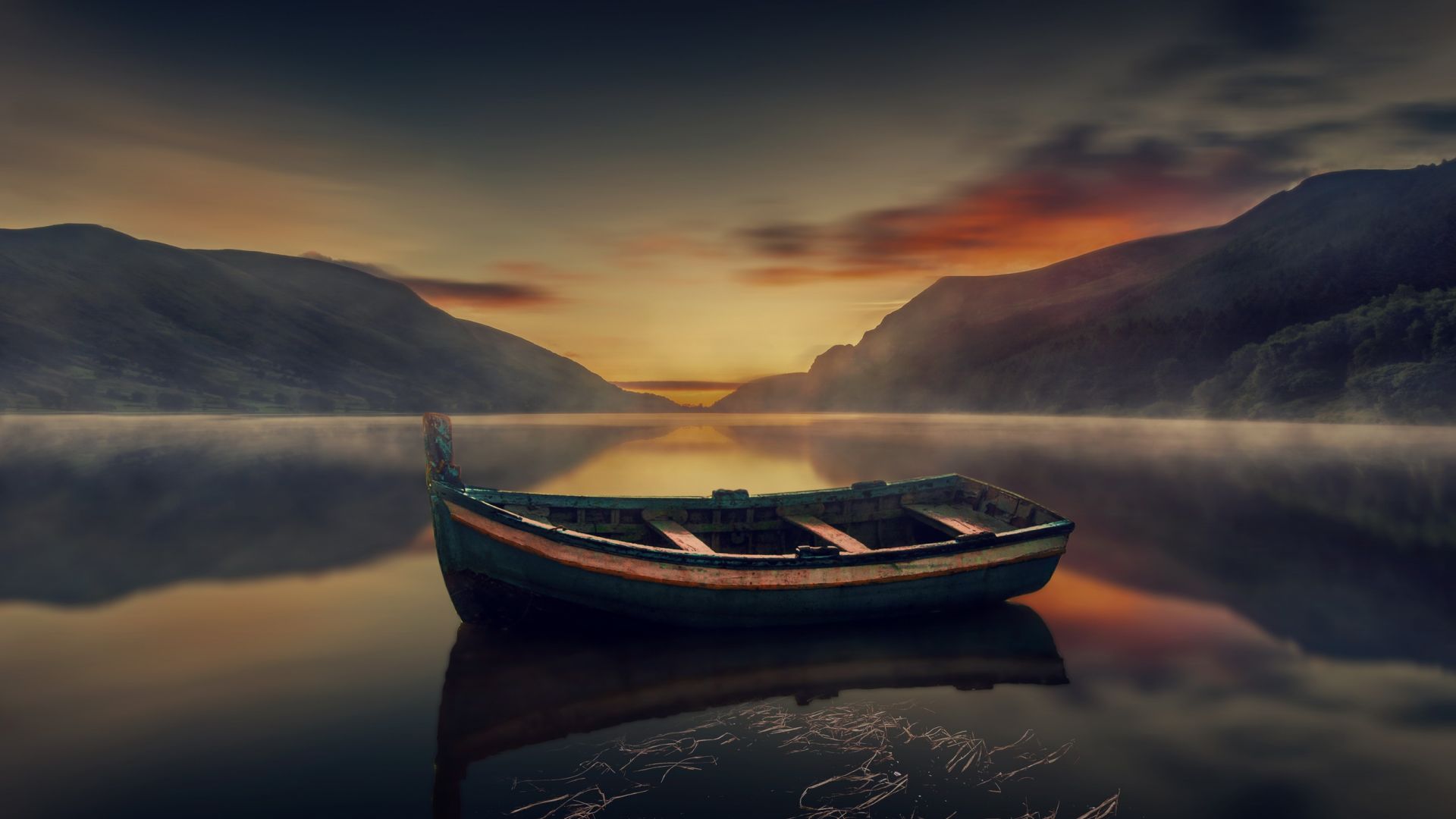 Wallpaper Sunset, boat, lake, nature, mountains