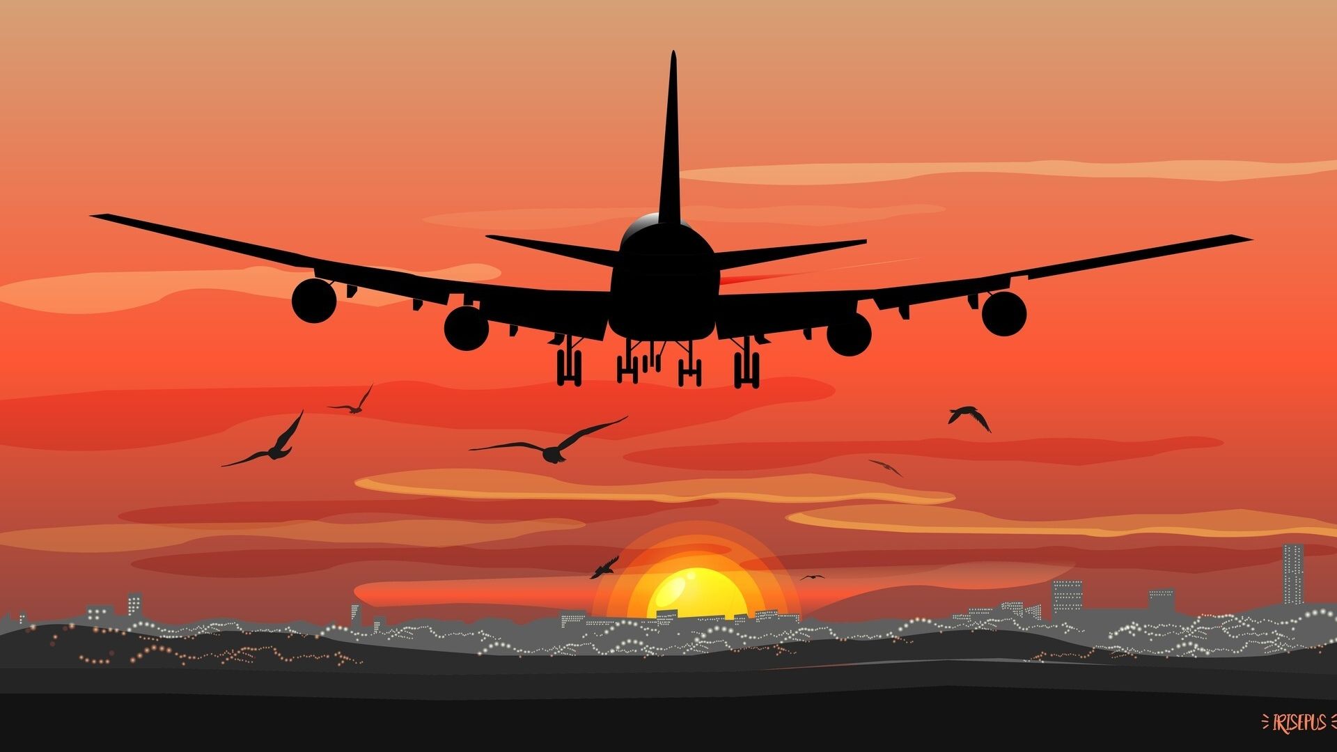 Wallpaper Silhouette, airplane, sunset, art
