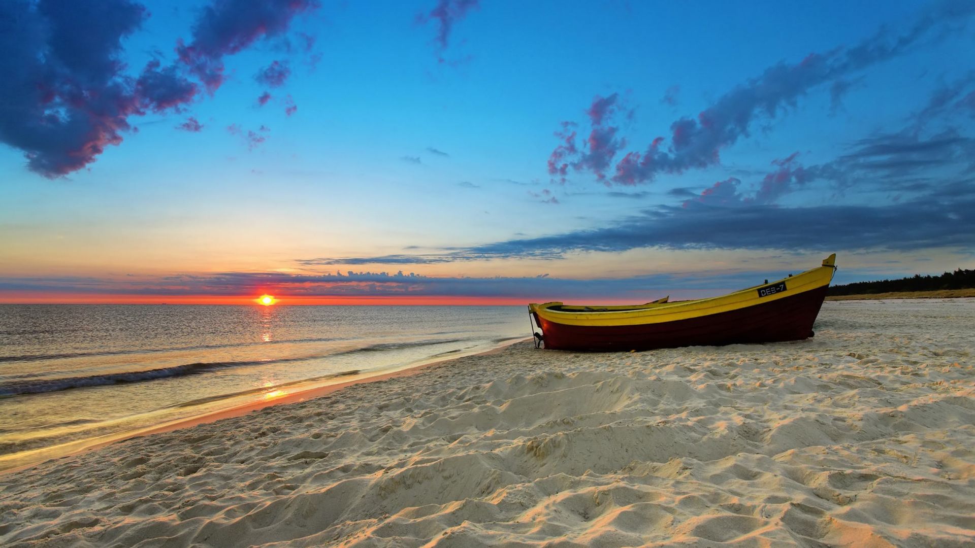 Wallpaper Boat, sand, beach, sunset, clouds
