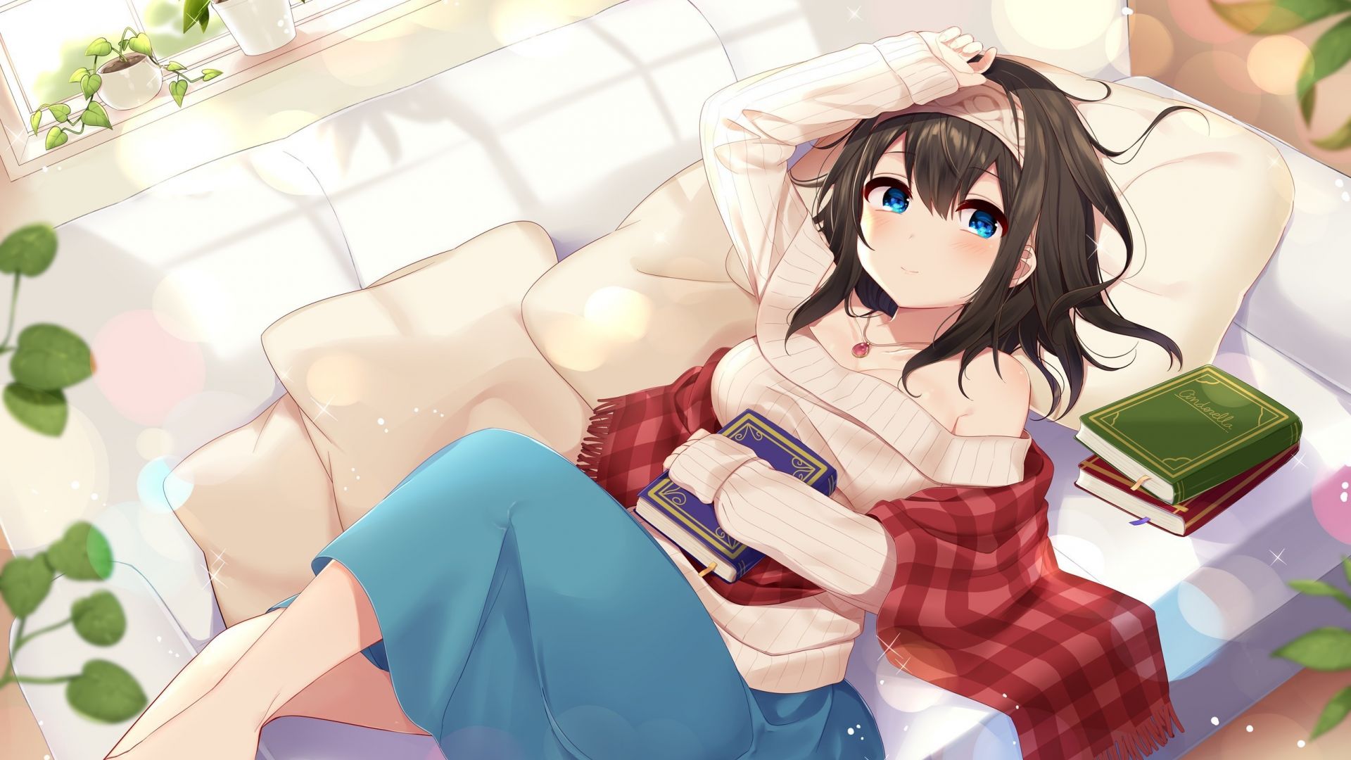 Wallpaper Fumika Sagisawa, cute anime, books, lying down