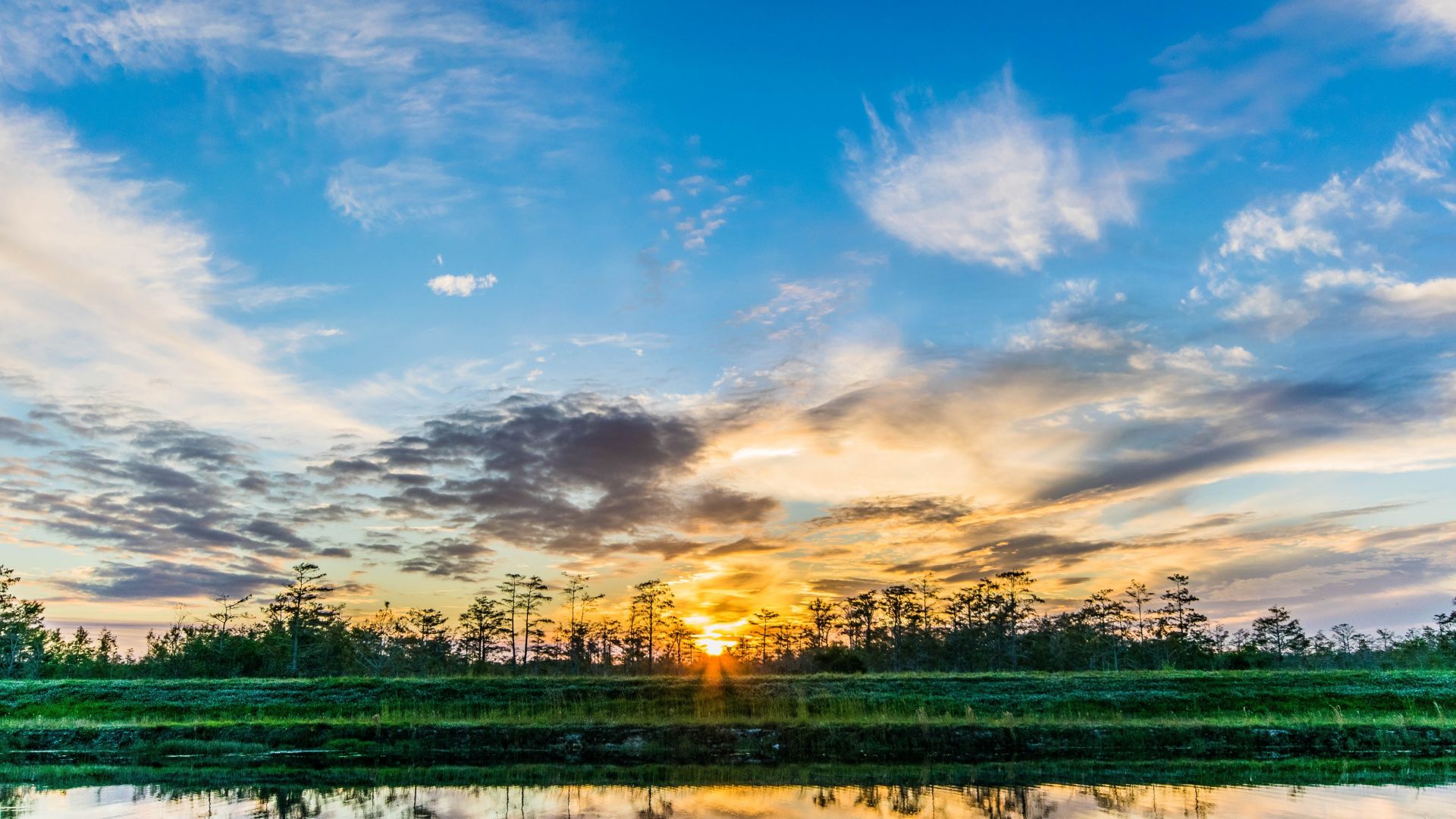 Wallpaper Lake, reflections, sky, sunset, 5k
