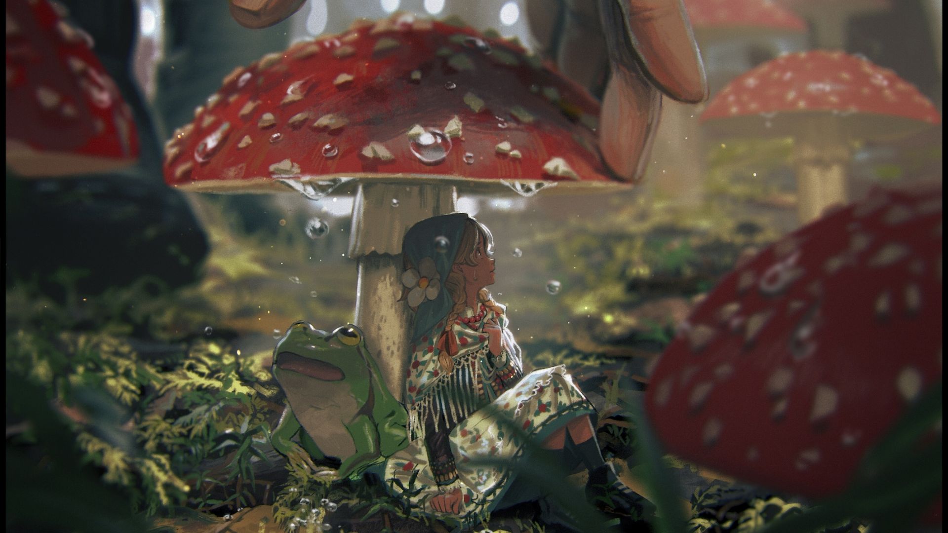 Wallpaper Small girl, frog, mushroom, fantasy art
