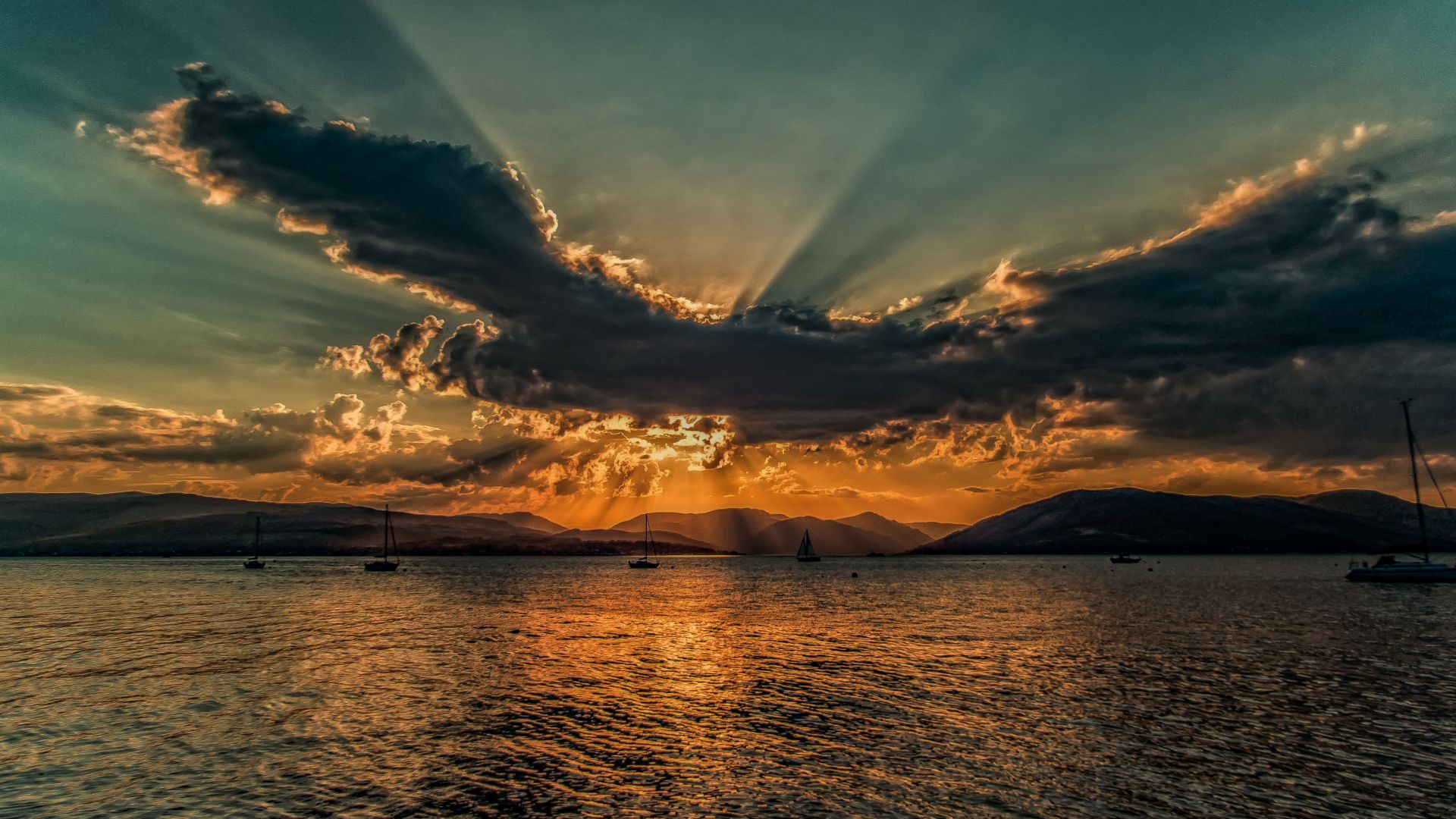 Wallpaper Sunset, sunlight, ship, clouds, sea