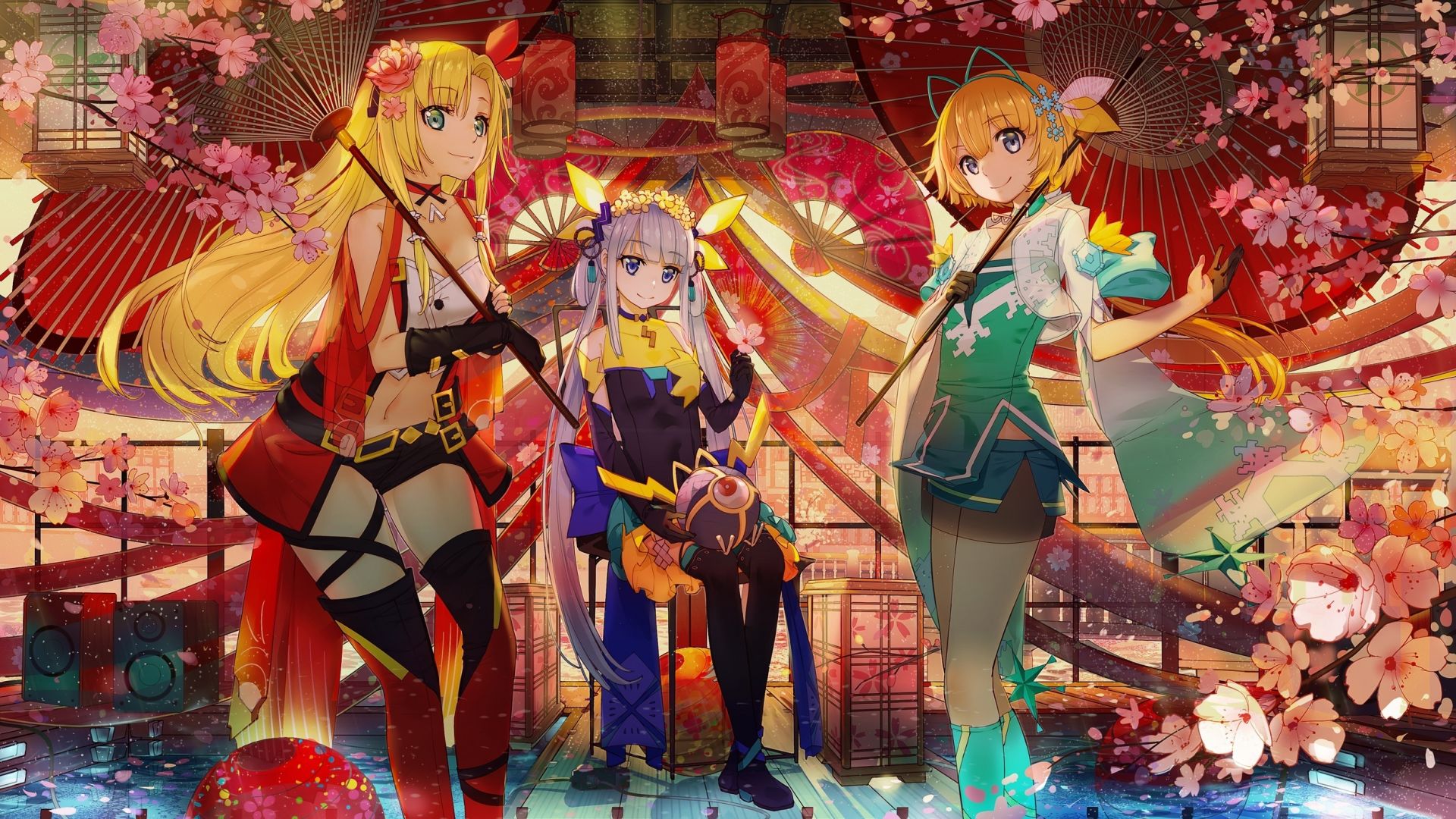 Wallpaper Blonde, anime girls, umbrella, celebrations, 2018