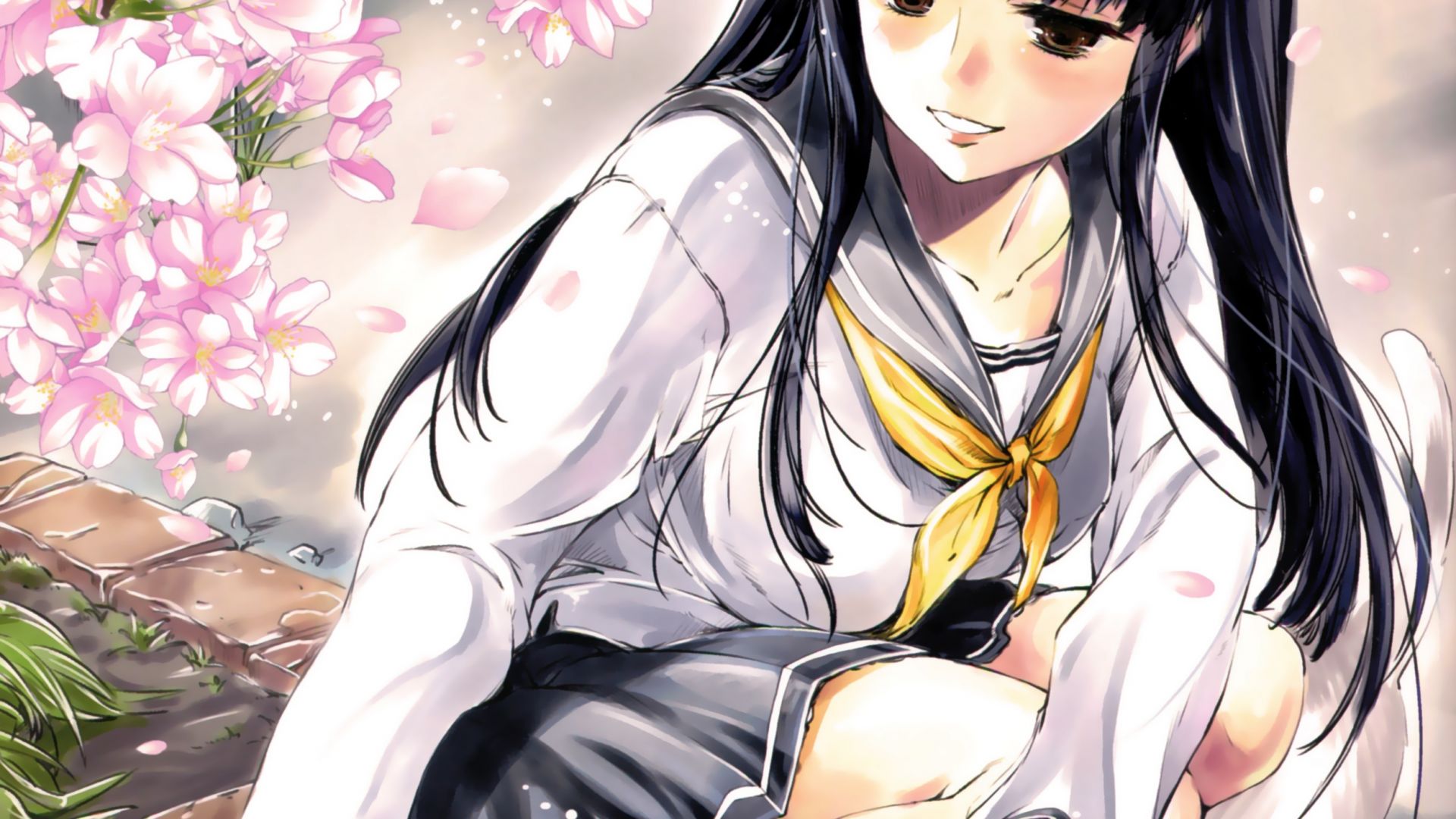 Wallpaper Cherry blossom, smile, anime girl, original