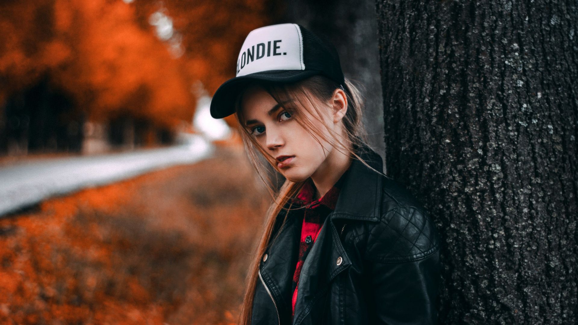 Wallpaper Outdoor, girl model, leather jacket