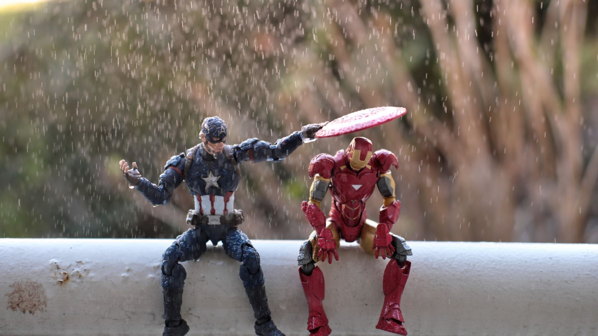 Wallpaper Captain America, Iron man, rain, figure, toy