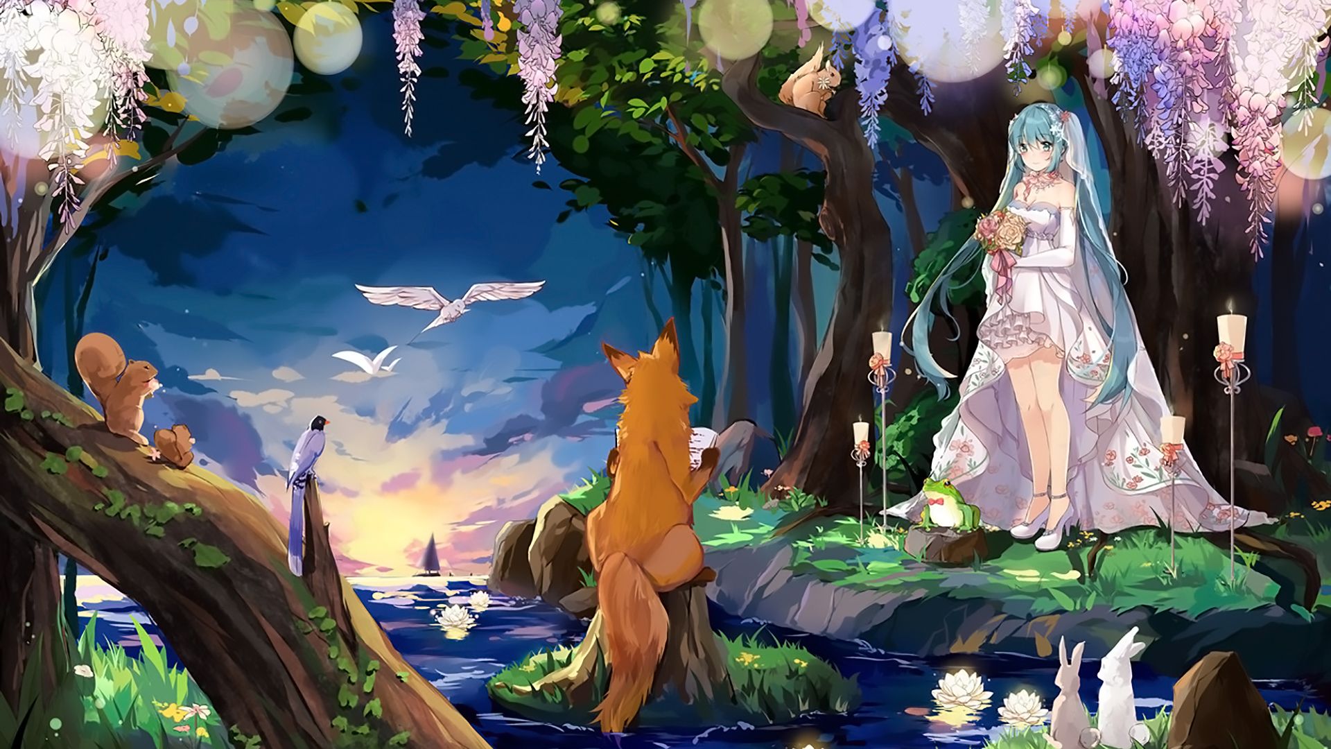 Wallpaper Fox, hatsune miku, white dress, outdoor