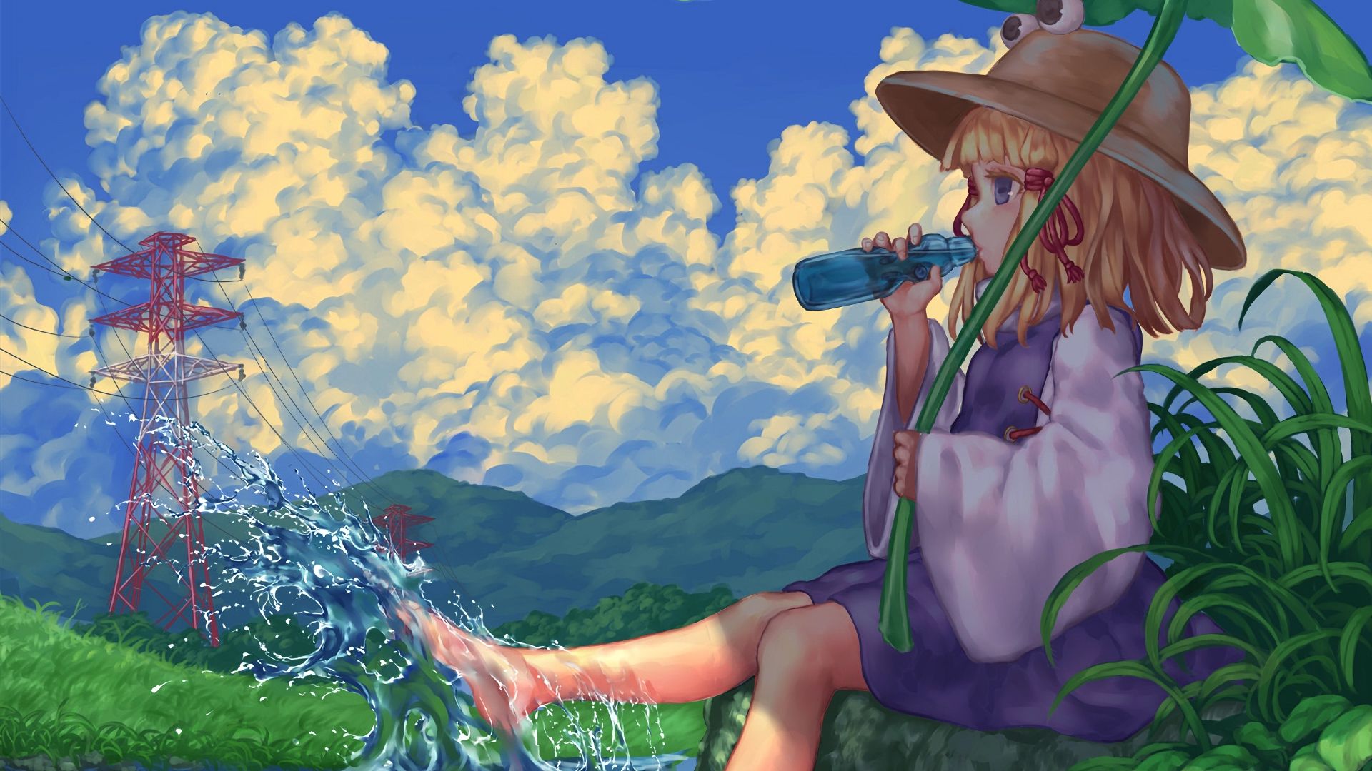 Wallpaper Touhou, Suwako Moriya, holiday, drinking water, anime girl