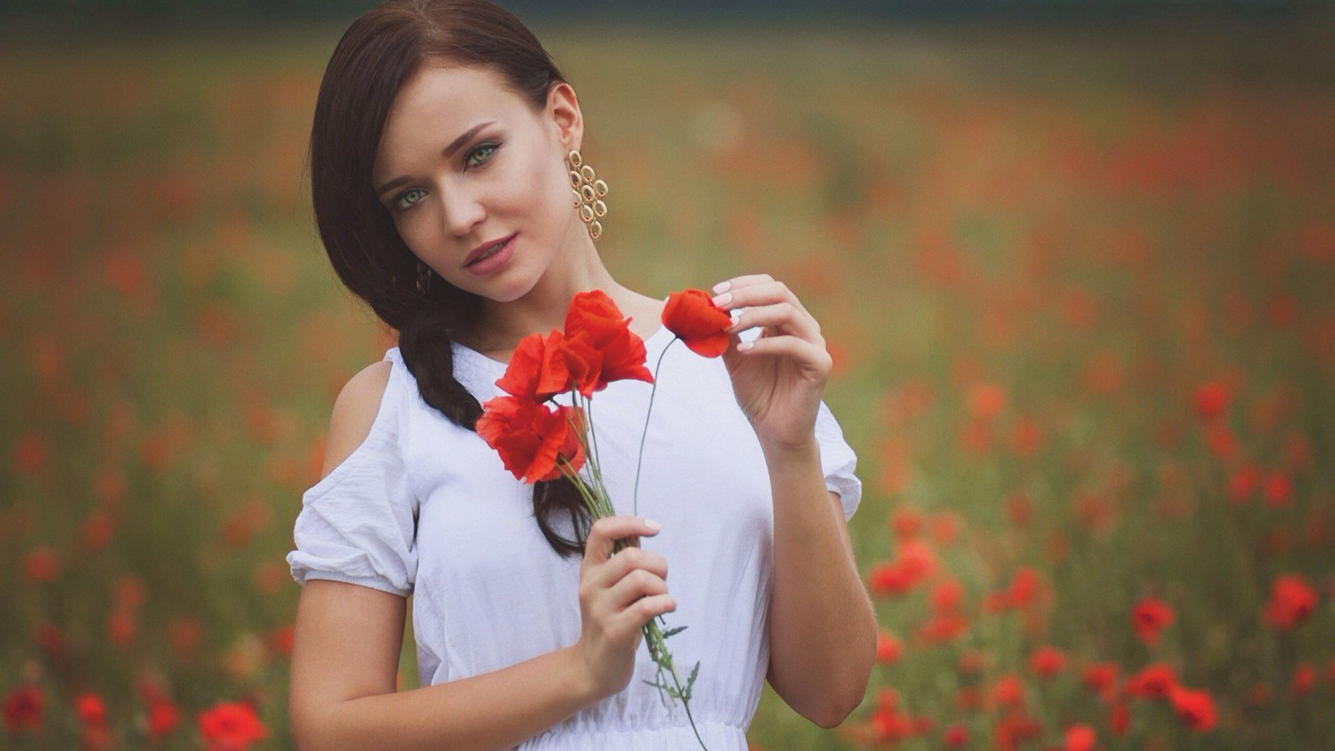 Wallpaper Poppy field, white dress, girl model, outdoor