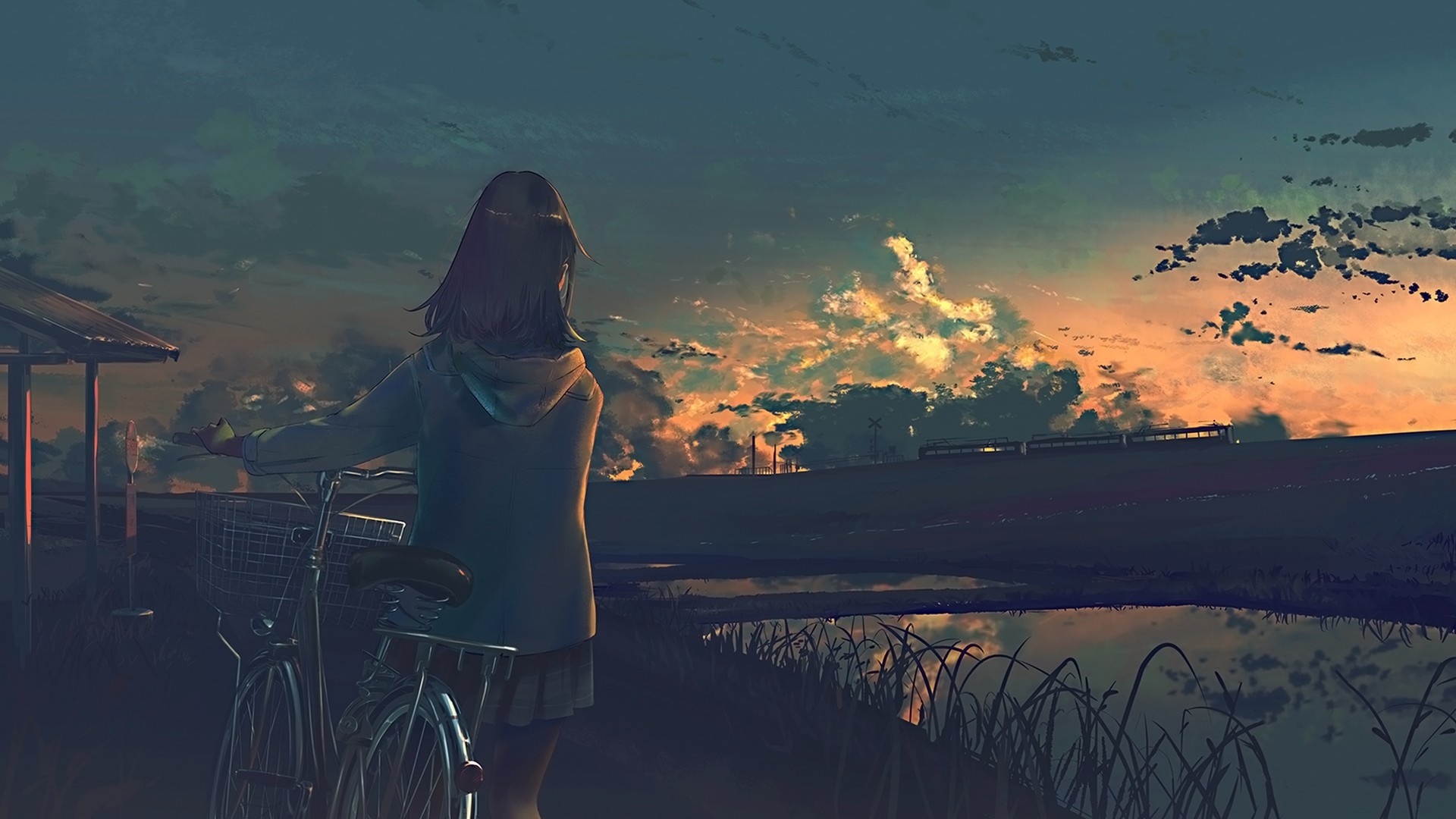 Desktop Wallpaper With Bicycle, Anime Girl, Sunset, Original, Hd Image,  Picture, Background, 7e13c6