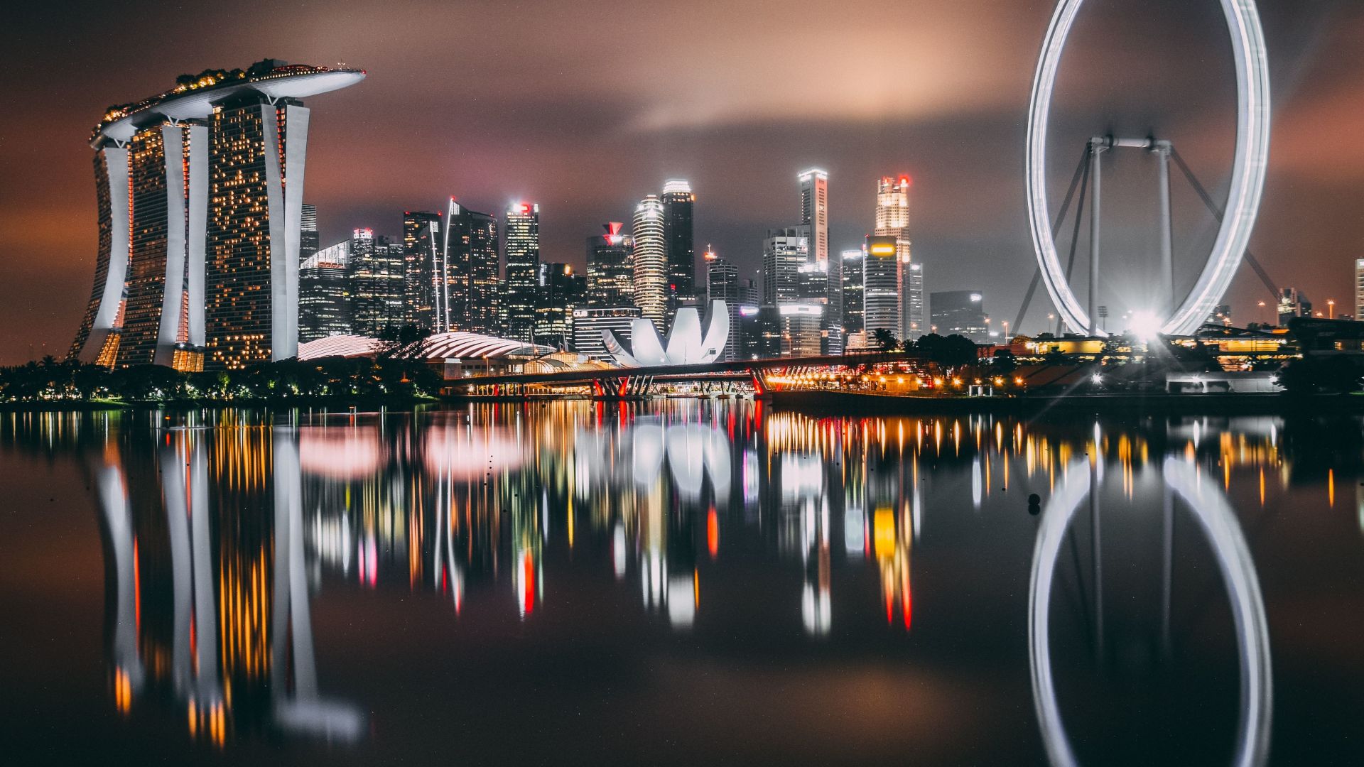 Wallpaper Singapore, city, skyscrapers, buildings, night, lights, reflections, 4k