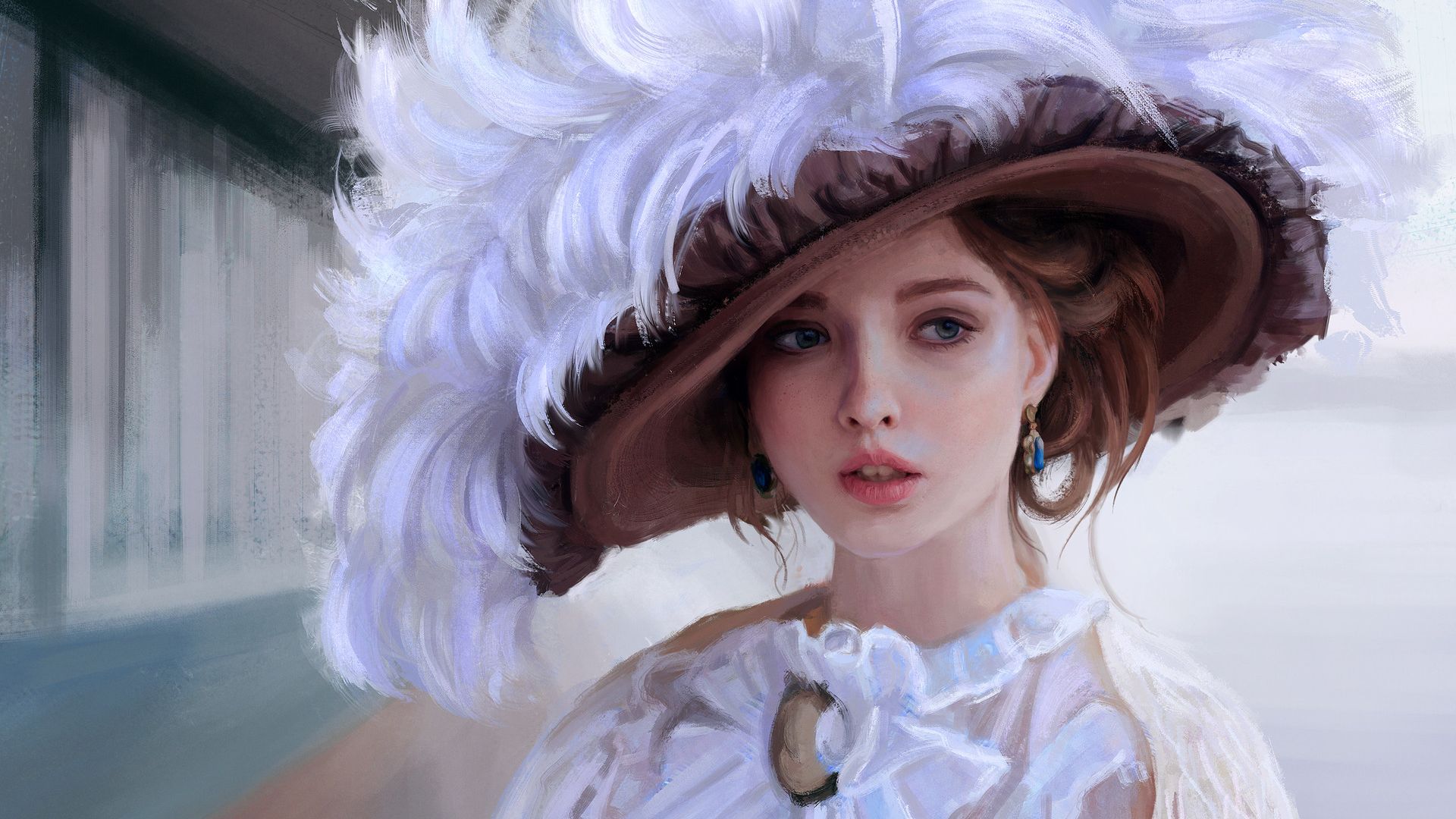 Wallpaper Girl, feathers hat, art