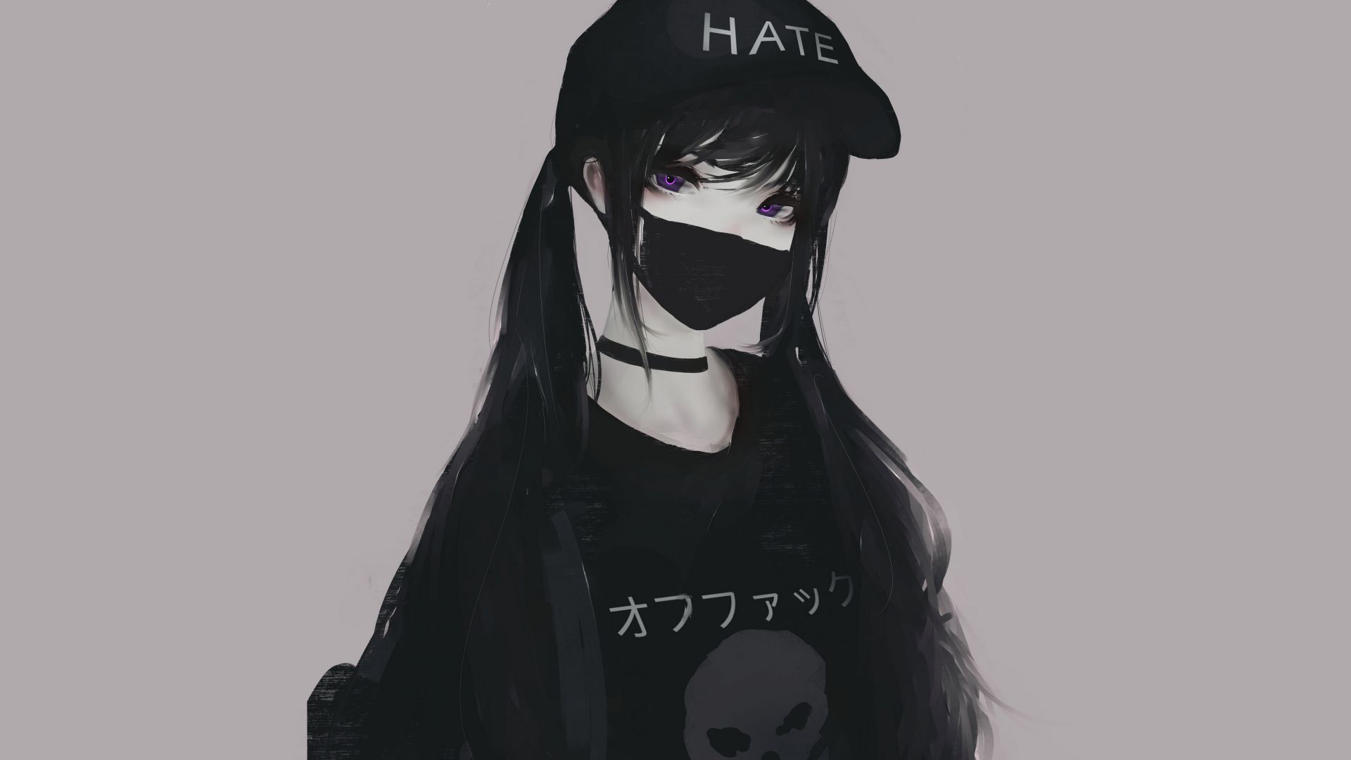 Desktop Wallpaper Black Hair Anime Girl, Mask, Art, Hd Image, Picture