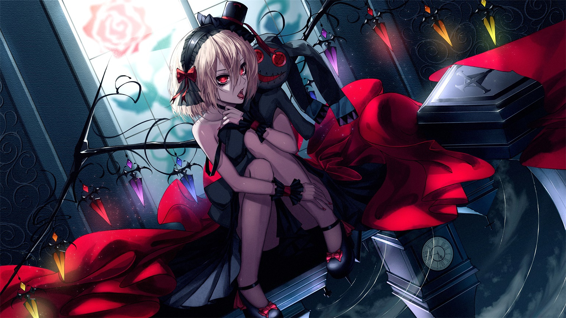 Wallpaper Flandre Scarlet, Touhou, anime girl, red and black dress