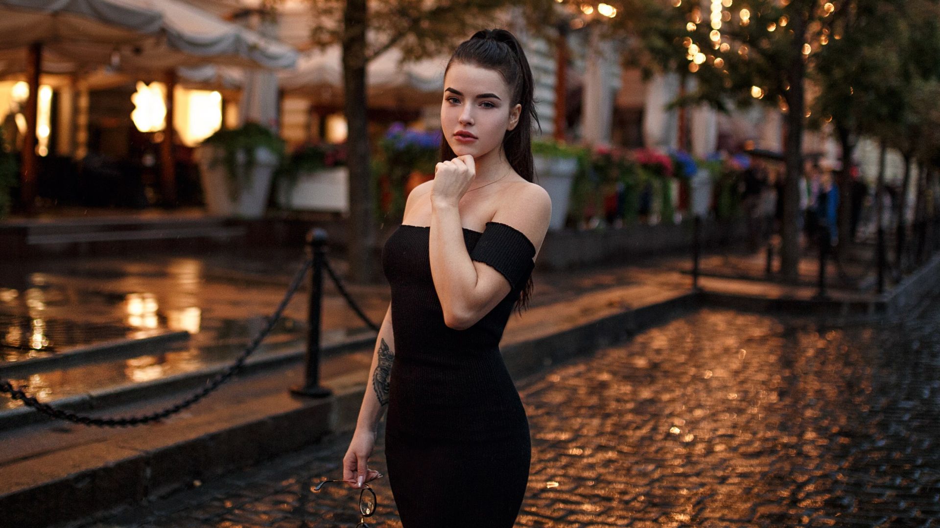 Wallpaper Girl with tattoo, street, black dress