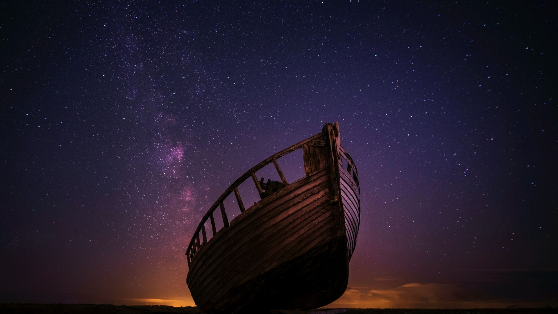 Wallpaper Wreck old Boat, night, stars, nature, 4k