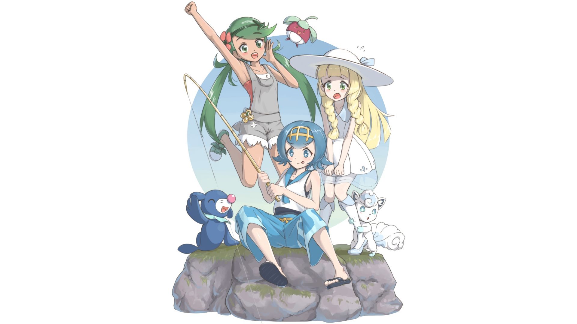 Wallpaper Minimal, Pokemon, fun, fishing, anime girls