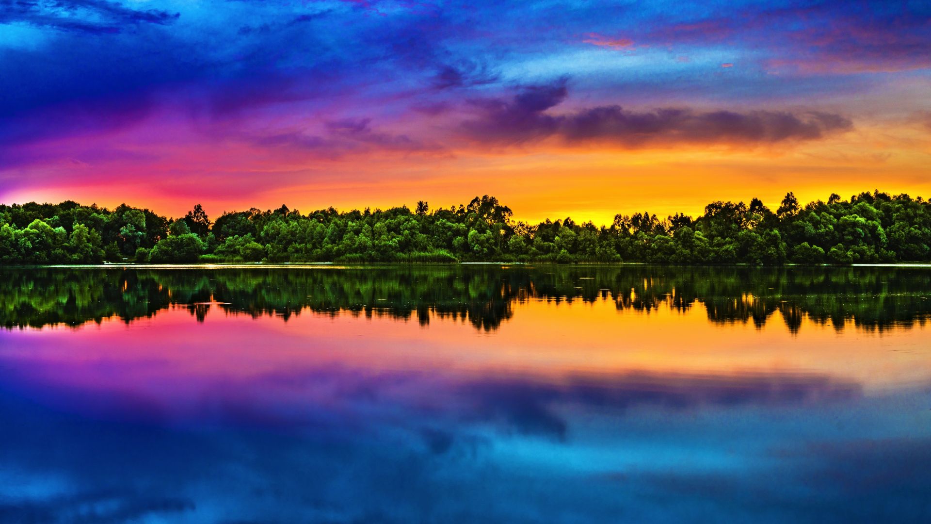 Wallpaper Colorful, skyline, sunset, lake, trees, reflections, nature, clouds