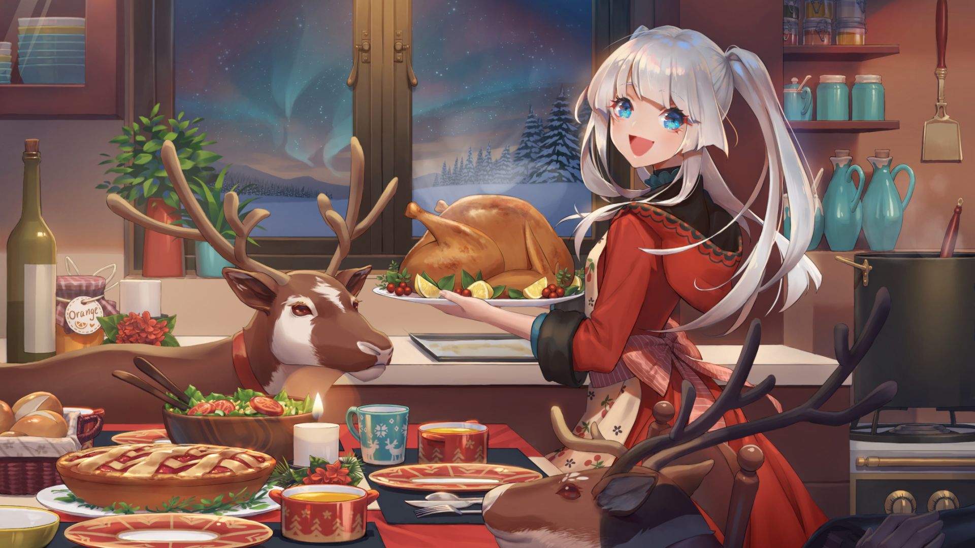 Wallpaper Dinner, anime girl, Christmas