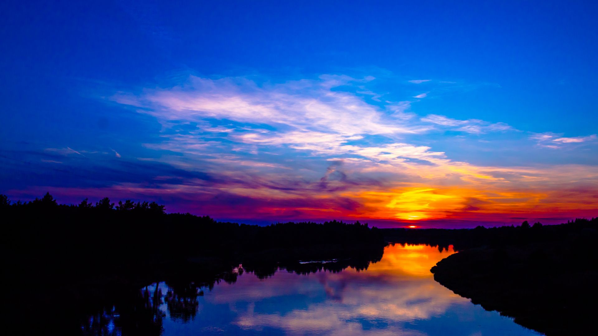 Wallpaper Sunset, skyline, sky, river, nature, reflections, 4k