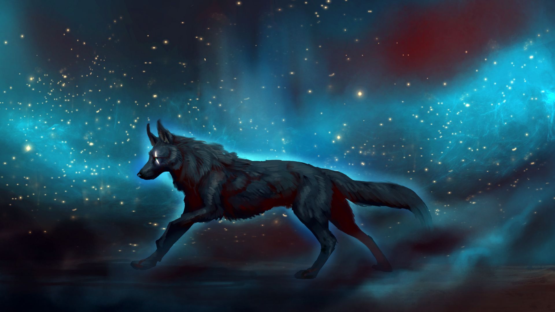 Wallpaper Wild animal, wolf, run, dark, art