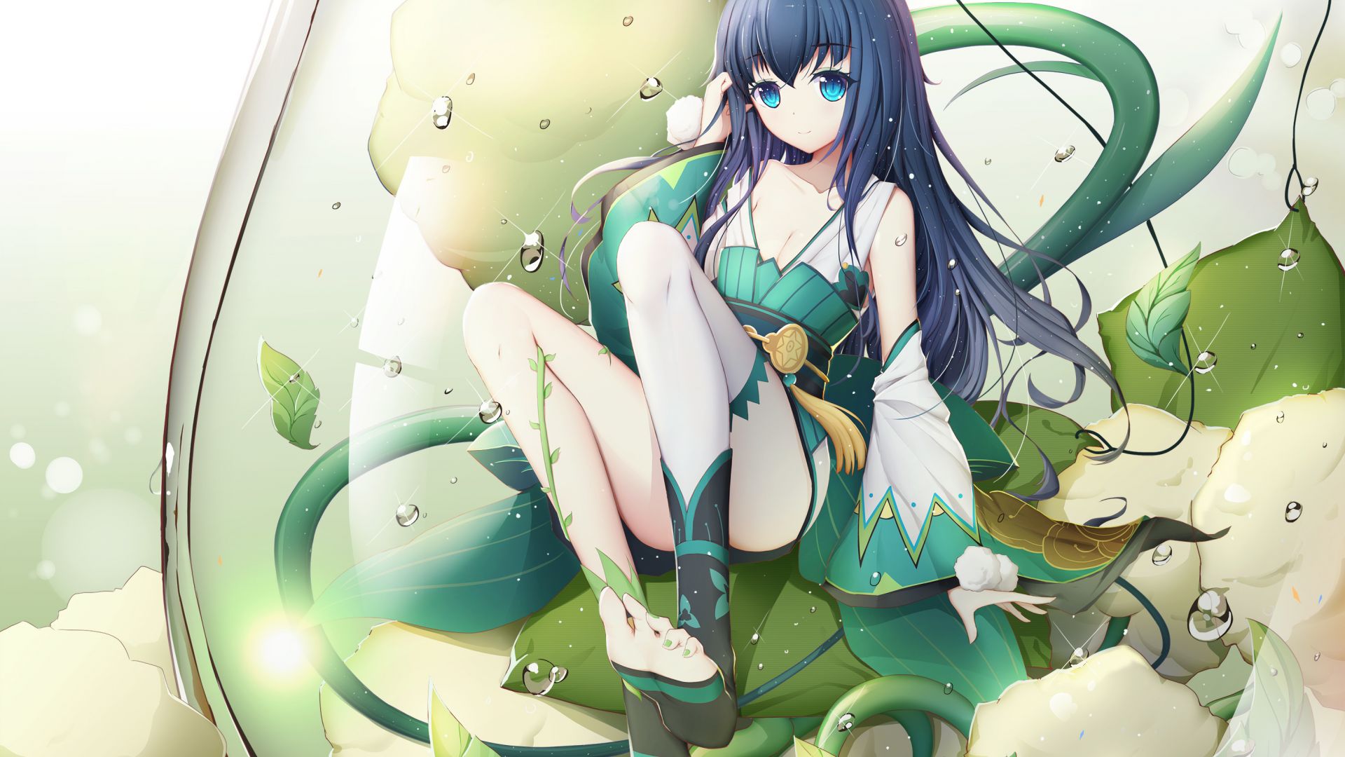 Wallpaper Cute, blue eyes, anime girl, green dress, original