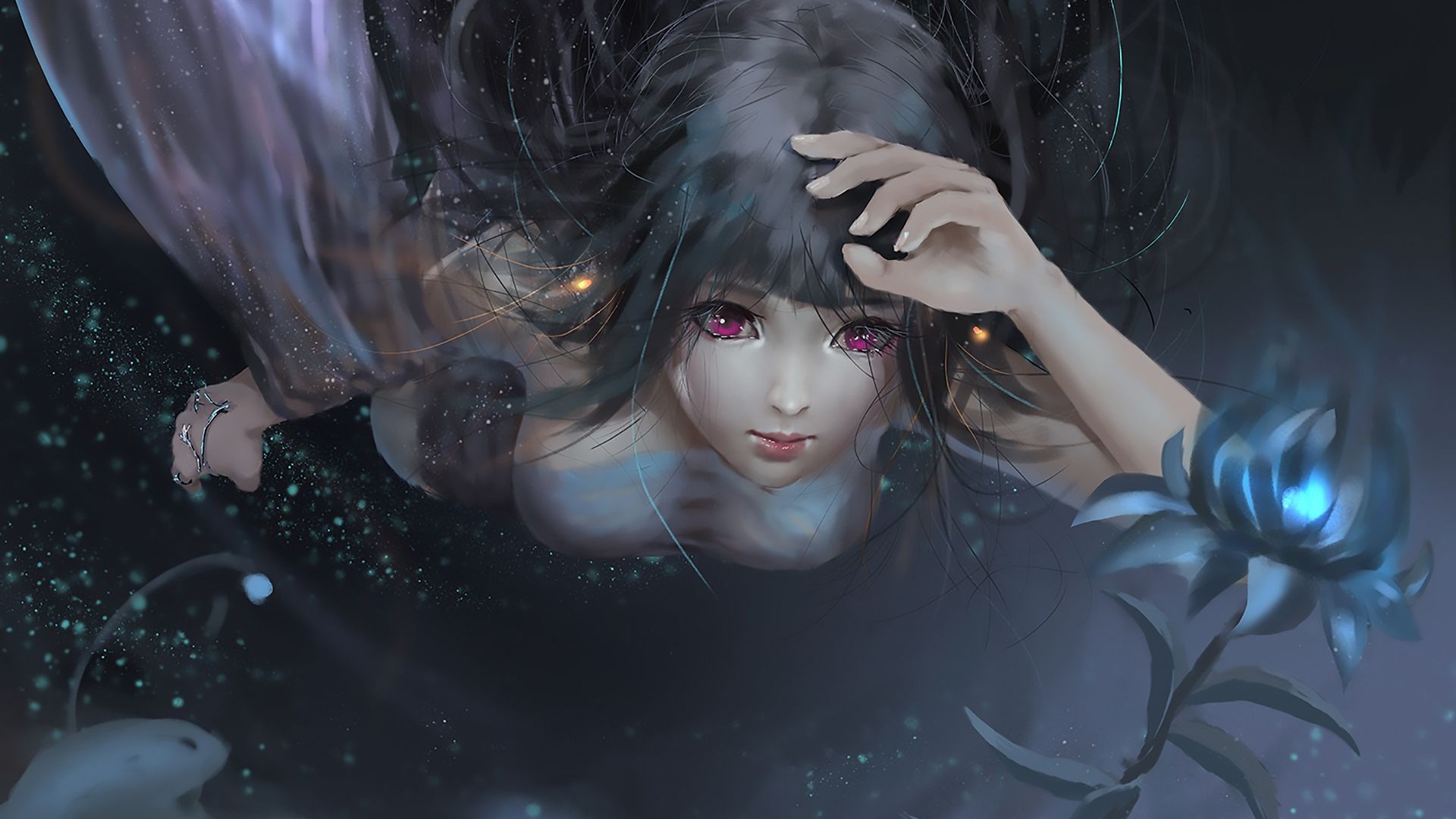 Wallpaper Underwater, dive, flower, anime girl, art