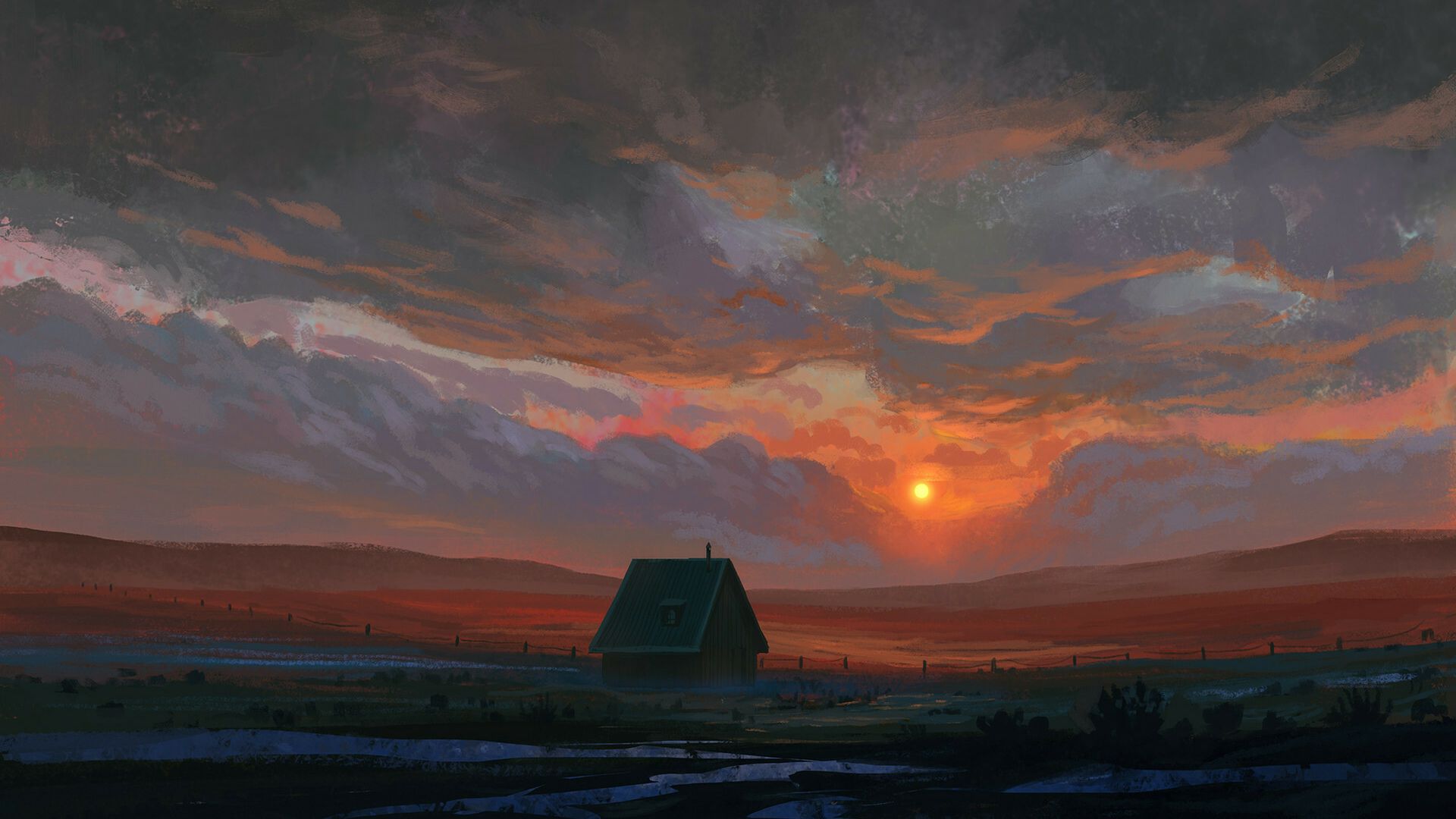 Wallpaper Sunset, lone house, fantasy, landscape