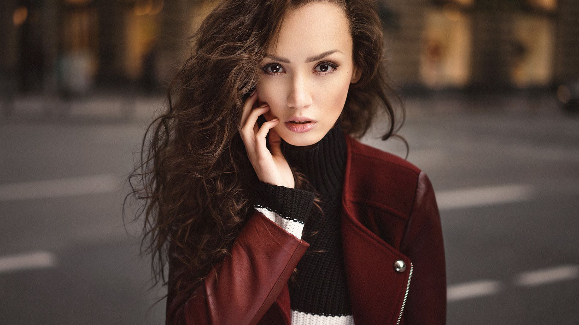 Wallpaper Red jacket, girl model, on street