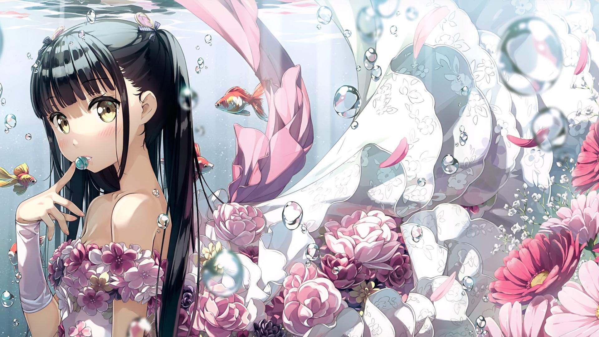 Wallpaper Underwater, flowers, anime girl, original, 4k