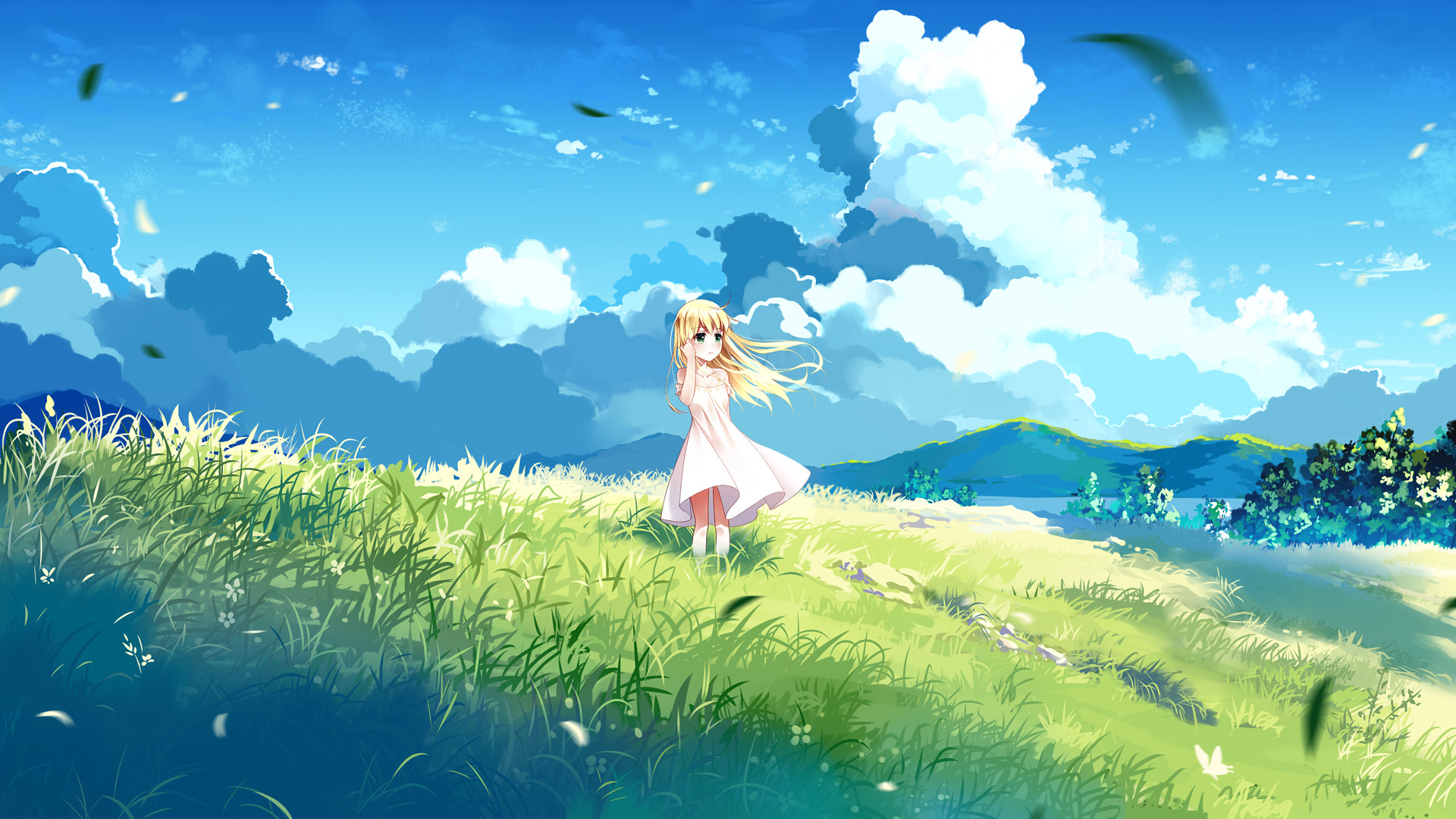 Wallpaper Landscape, blonde anime girl, clouds, outdoor, cute
