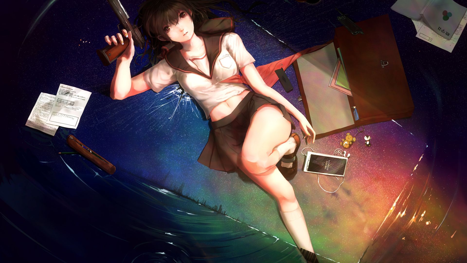 Wallpaper School girl, gun, anime, lying down, original, 4k