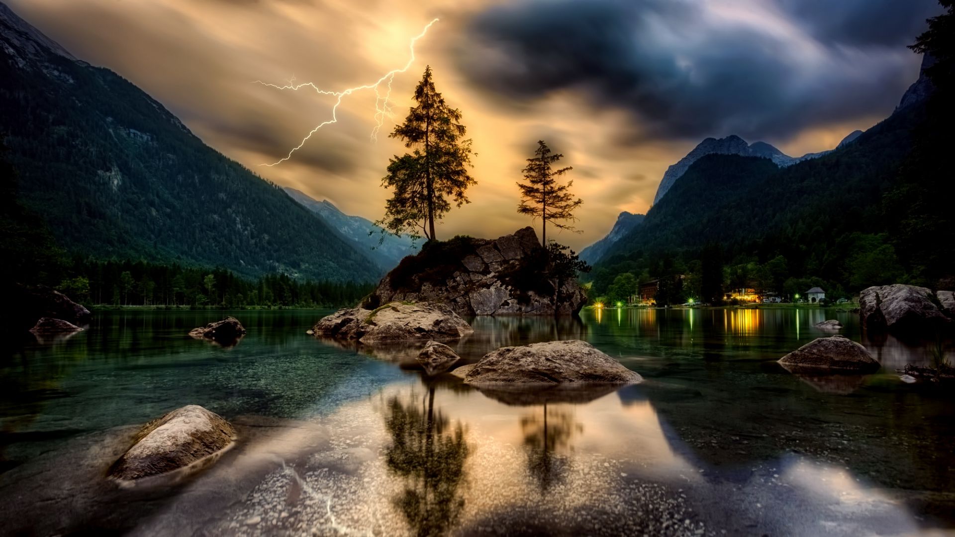 Wallpaper clouds, lightning, sunset, nature, lake, rocks