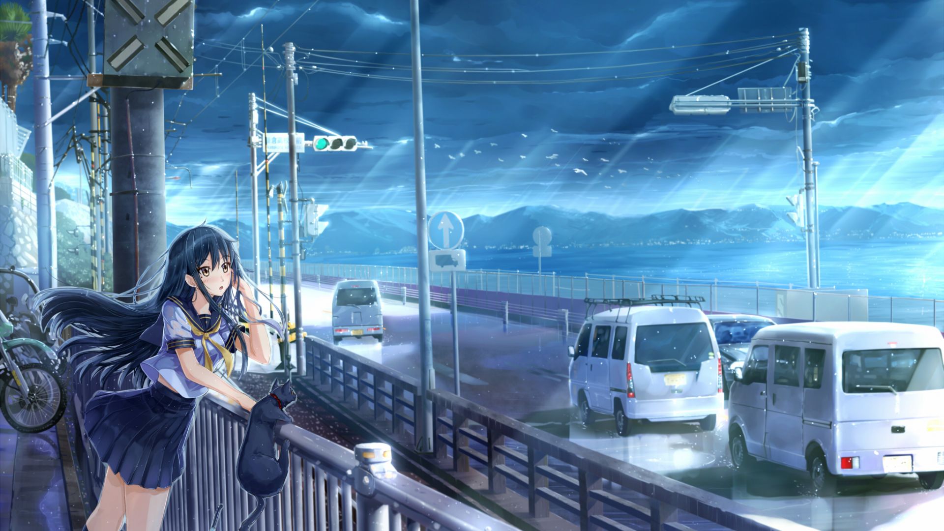 Wallpaper School girl, anime, roadside view