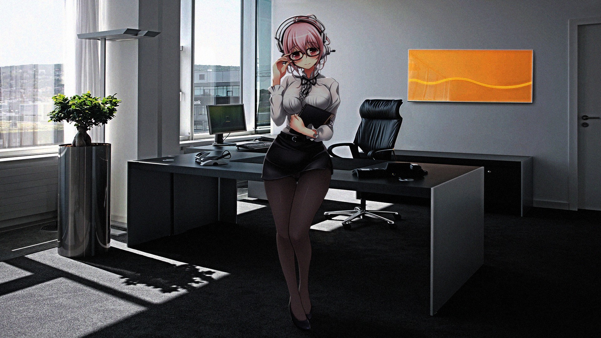 Wallpaper Super Sonico, anime, anime girl, office