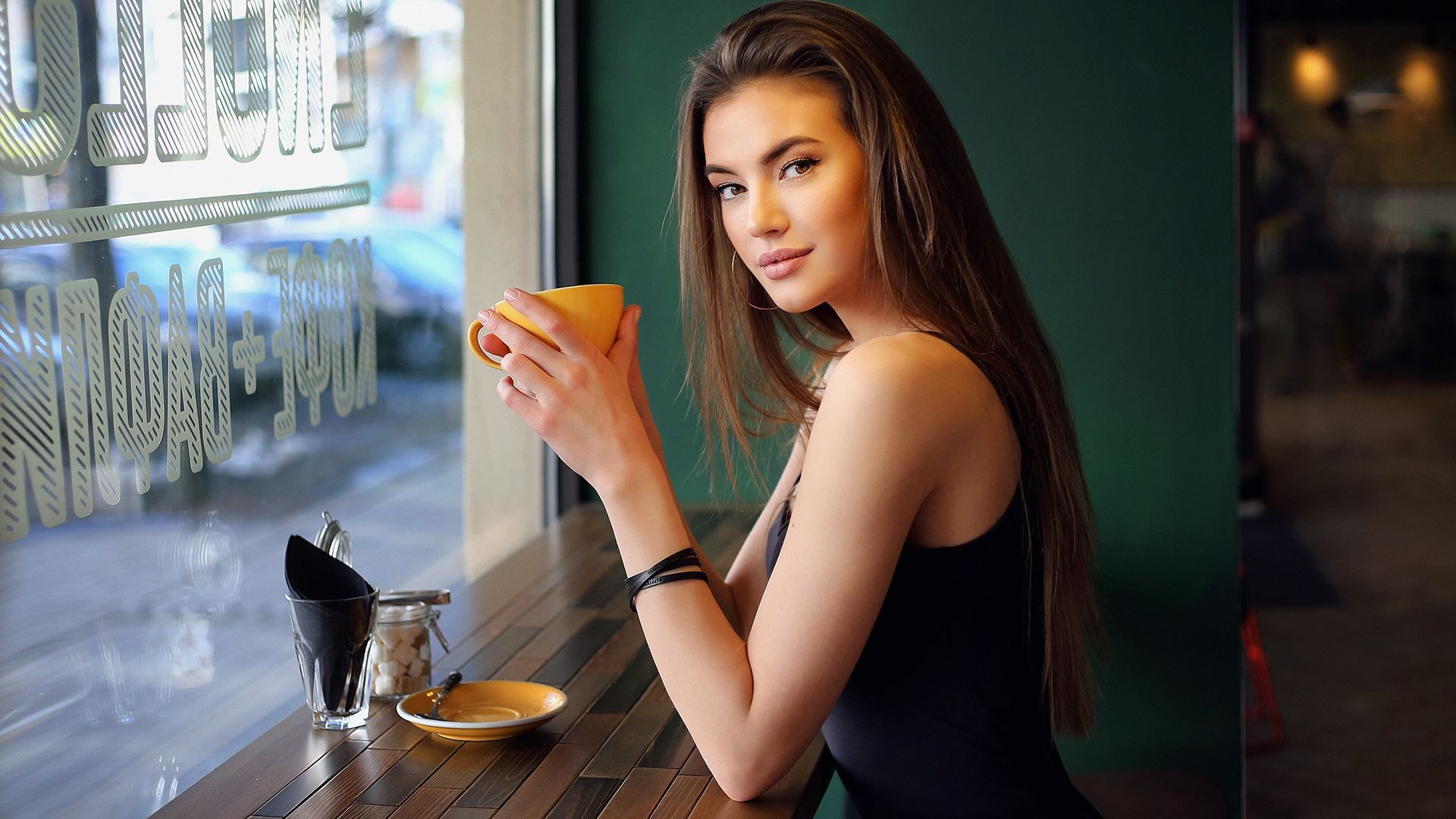 Wallpaper Beautiful, smile, girl model, brunette, drinking tea