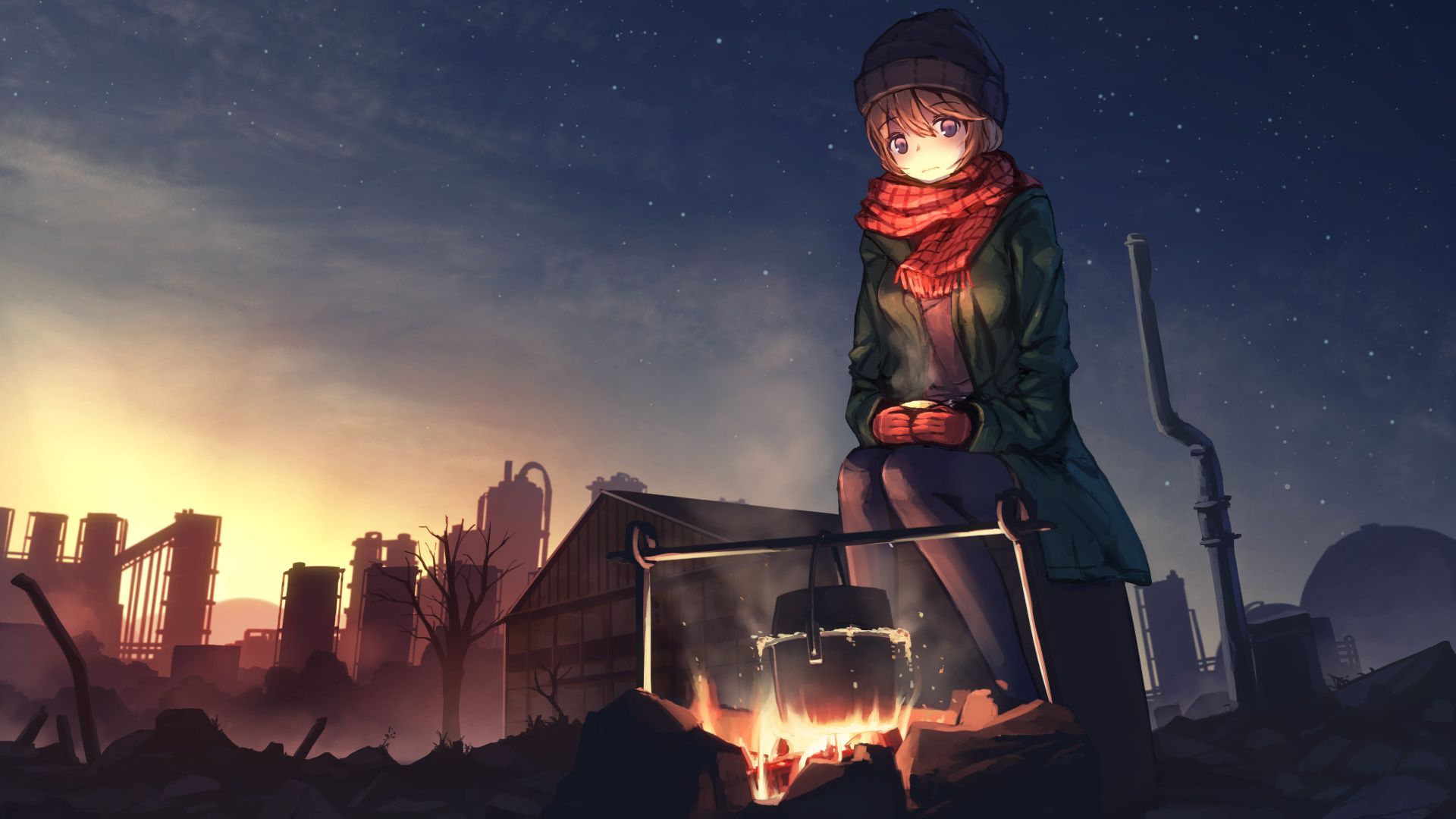 Wallpaper Cute, girl, night out, fire, anime